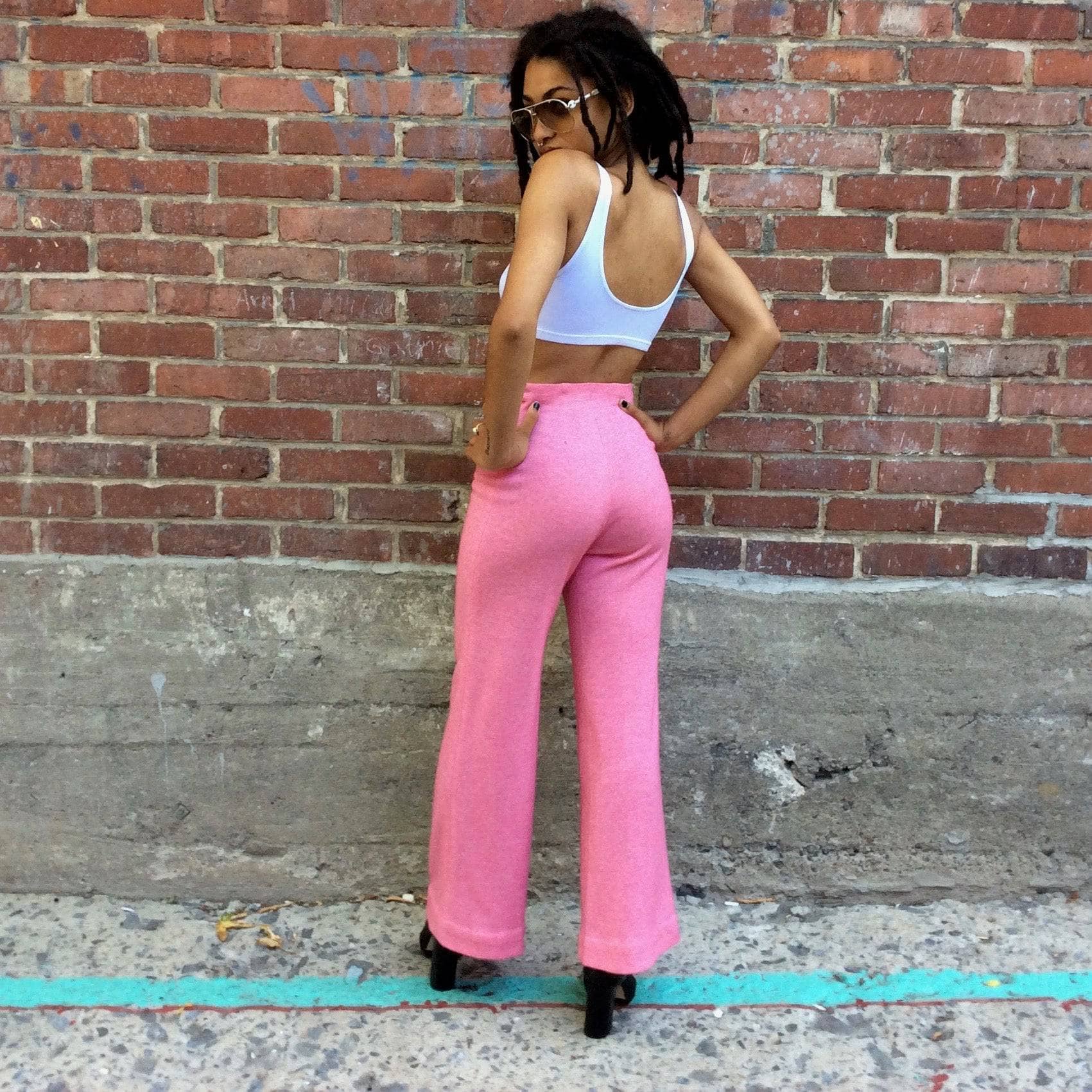 1970s Pink High-Waisted Wide Leg Jersey Pants XS/S - Image 3