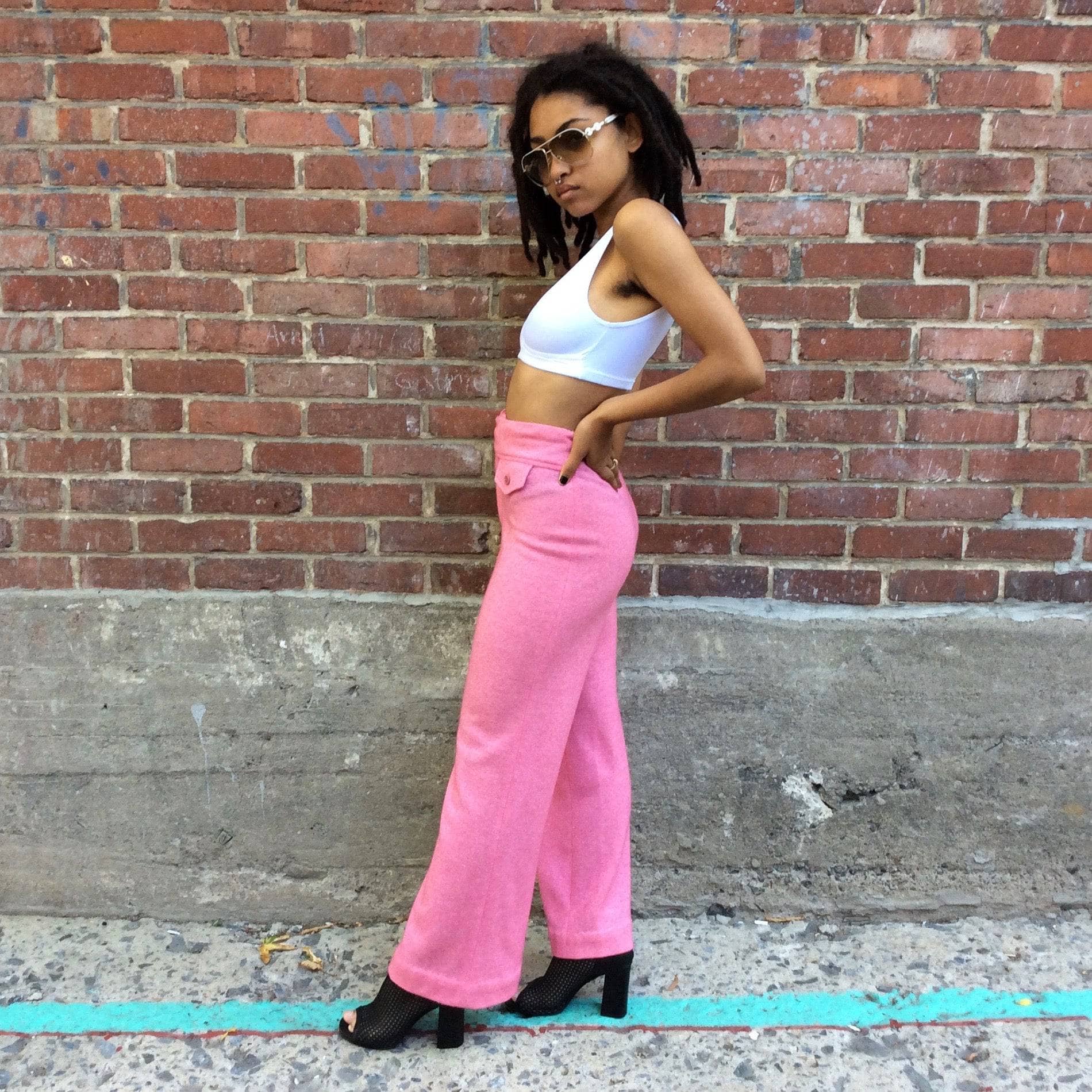 1970s Pink High-Waisted Wide Leg Jersey Pants XS/S - Image 4