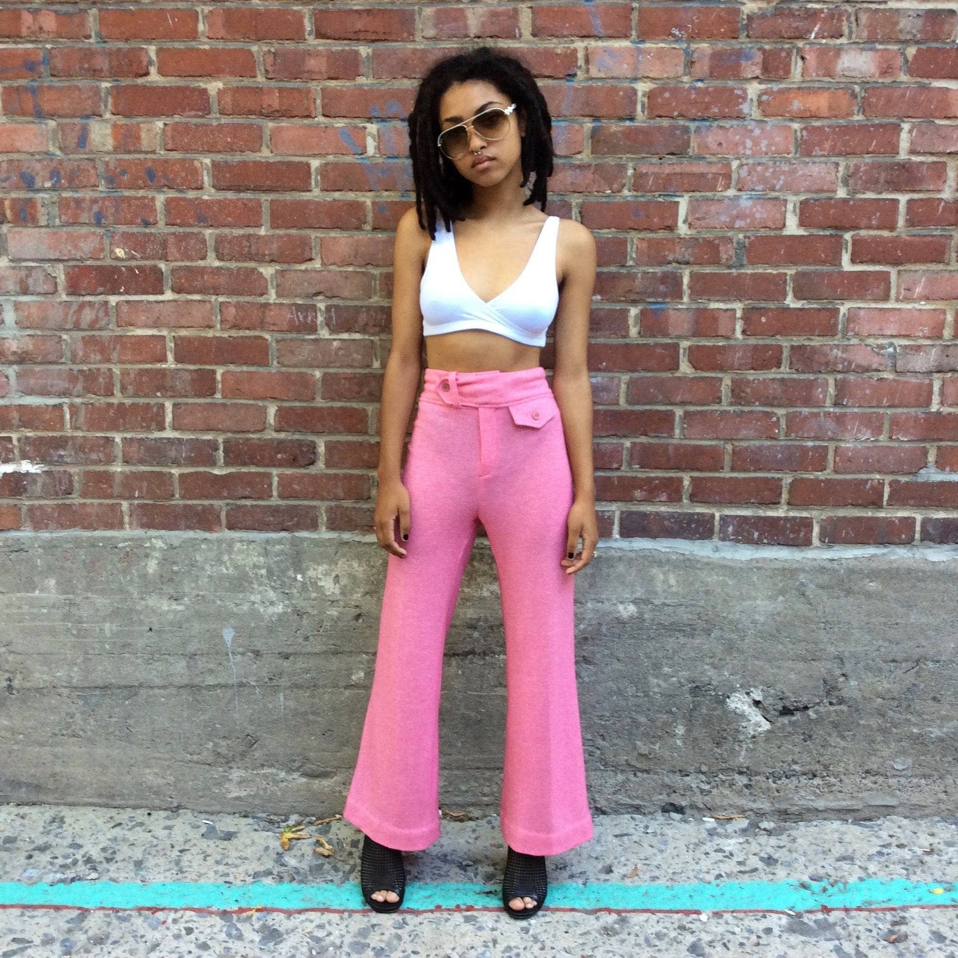 1970s Pink High-Waisted Wide Leg Jersey Pants XS/S - Image 5