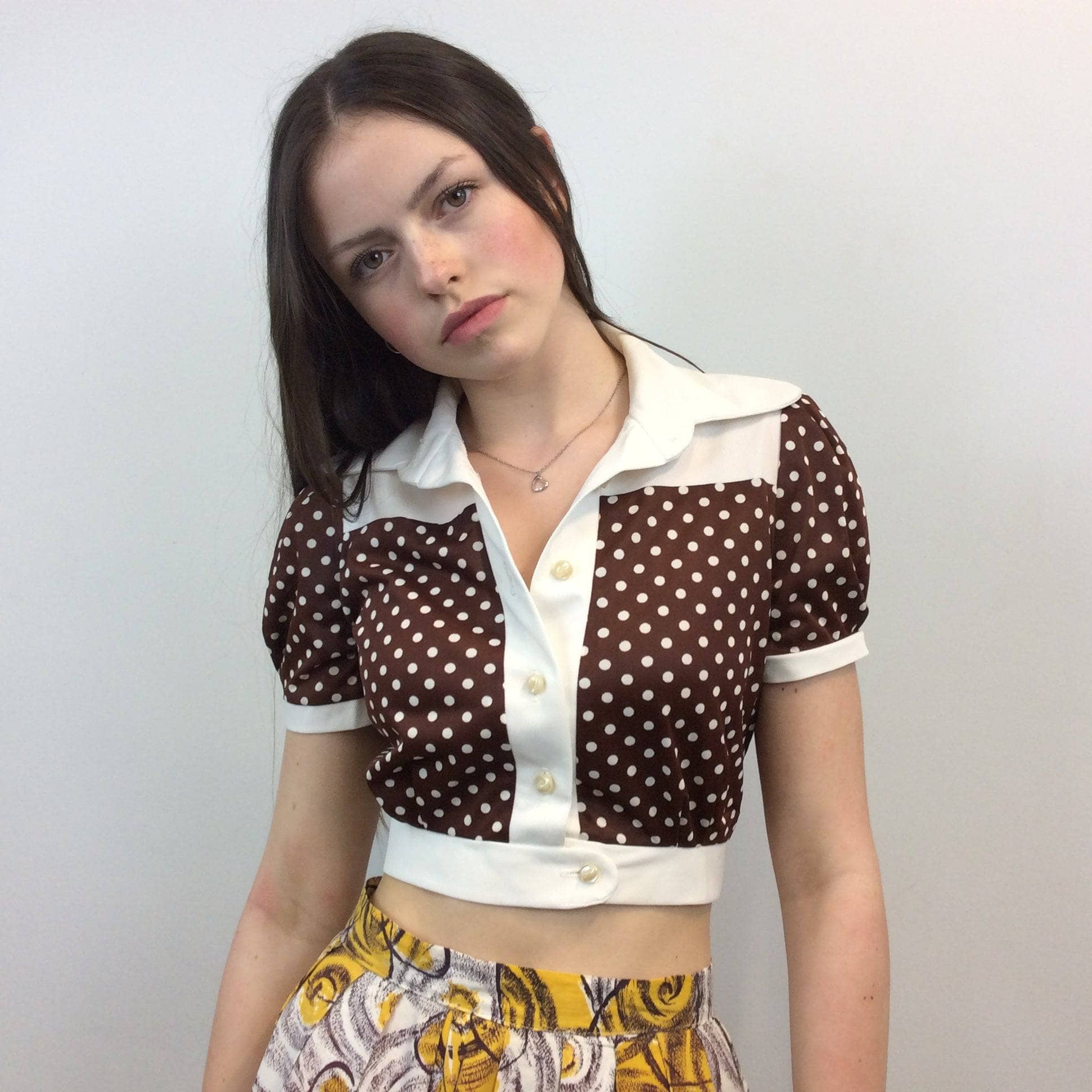 1970s Polka Dot Cropped Puff-Sleeve Blouse Small - Image 3