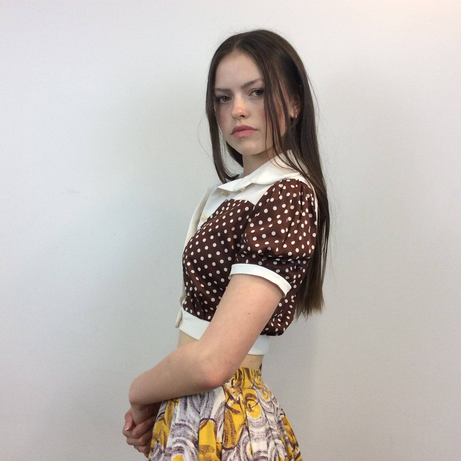 1970s Polka Dot Cropped Puff-Sleeve Blouse Small - Image 4