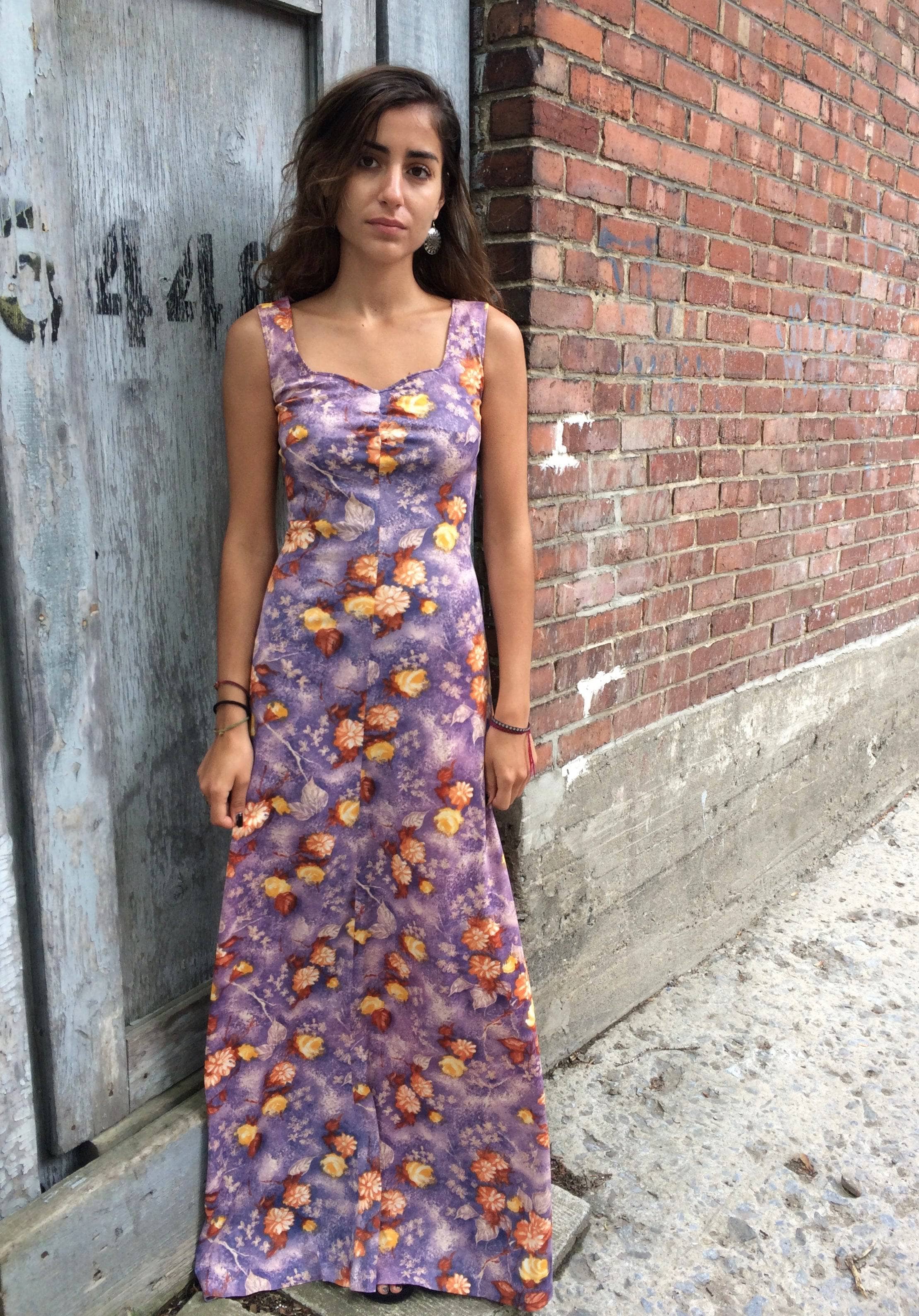 1970s Purple Floral Print Maxi Dress Small - Image 3