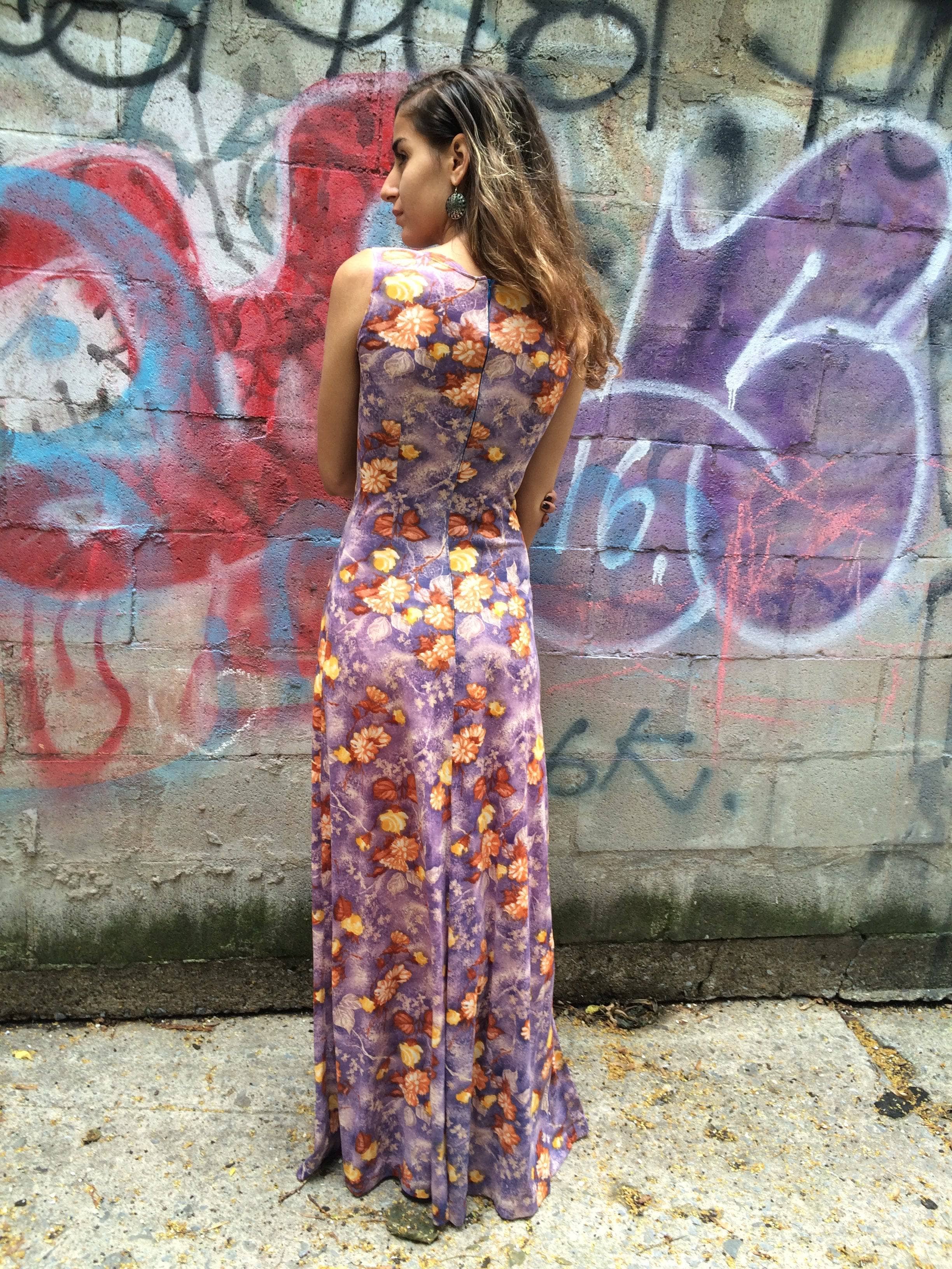 1970s Purple Floral Print Maxi Dress Small - Image 4