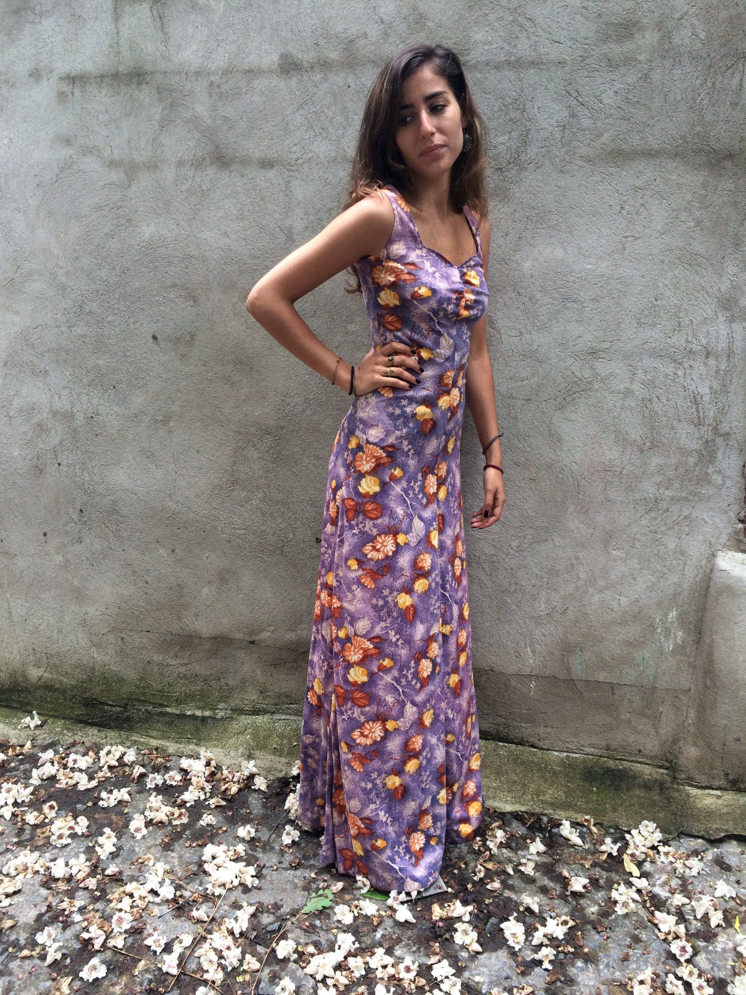 1970s Purple Floral Print Maxi Dress Small - Image 5