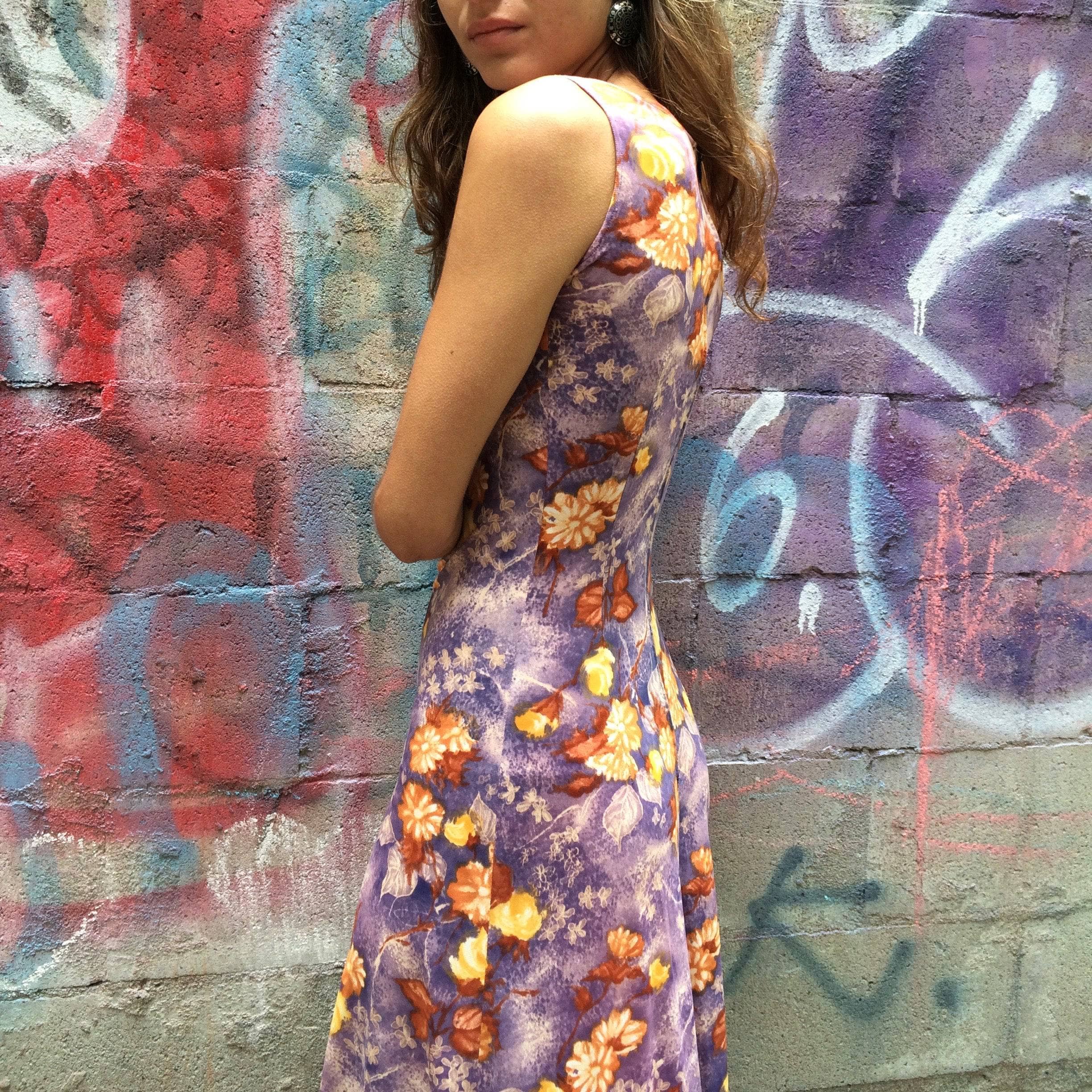 1970s Purple Floral Print Maxi Dress Small - Image 6