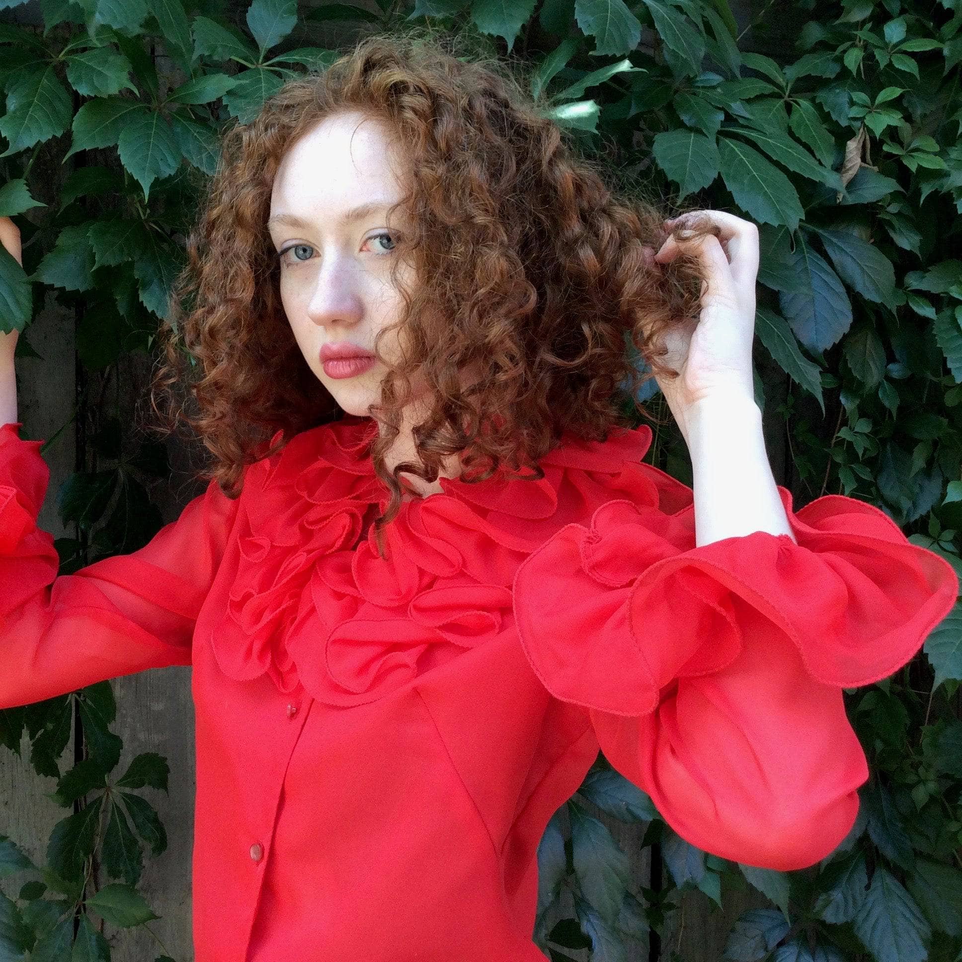 1970s Red Flounce Collar Long-Sleeve Blouse Small/Medium - Image 3