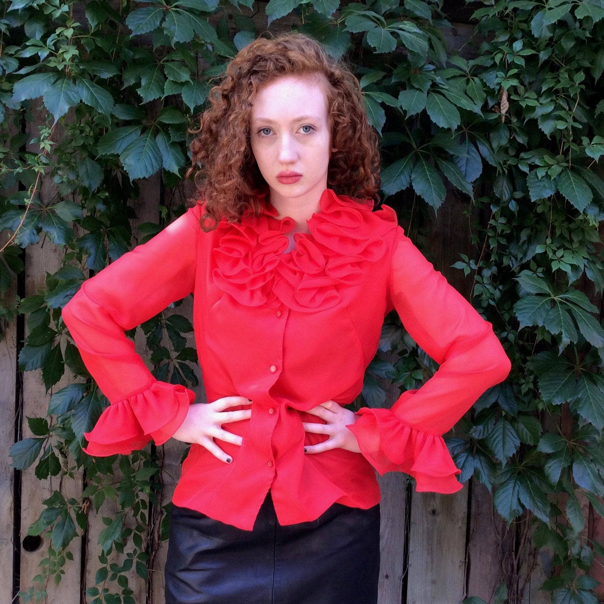 1970s Red Flounce Collar Long-Sleeve Blouse Small/Medium - Image 4