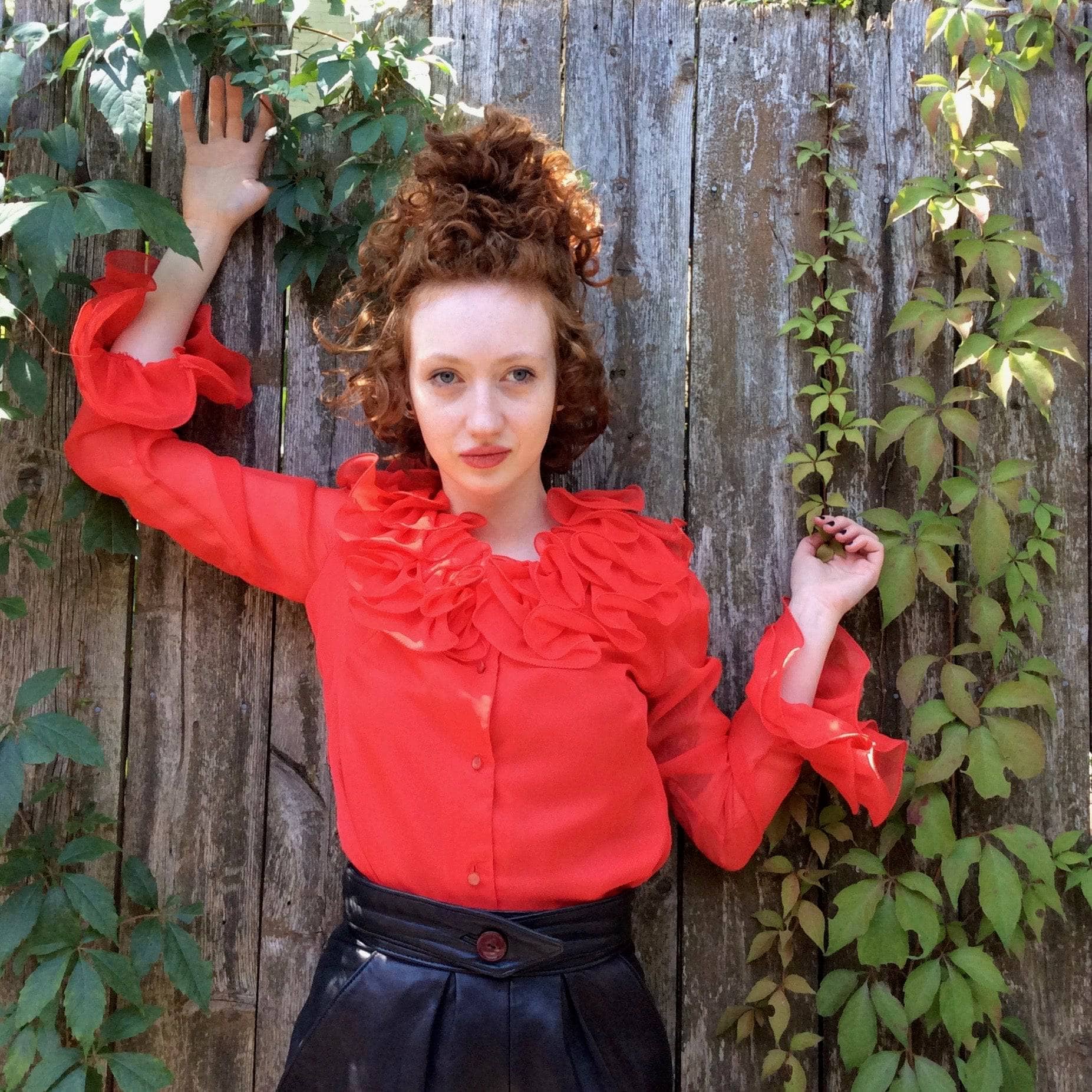 1970s Red Flounce Collar Long-Sleeve Blouse Small/Medium - Image 5