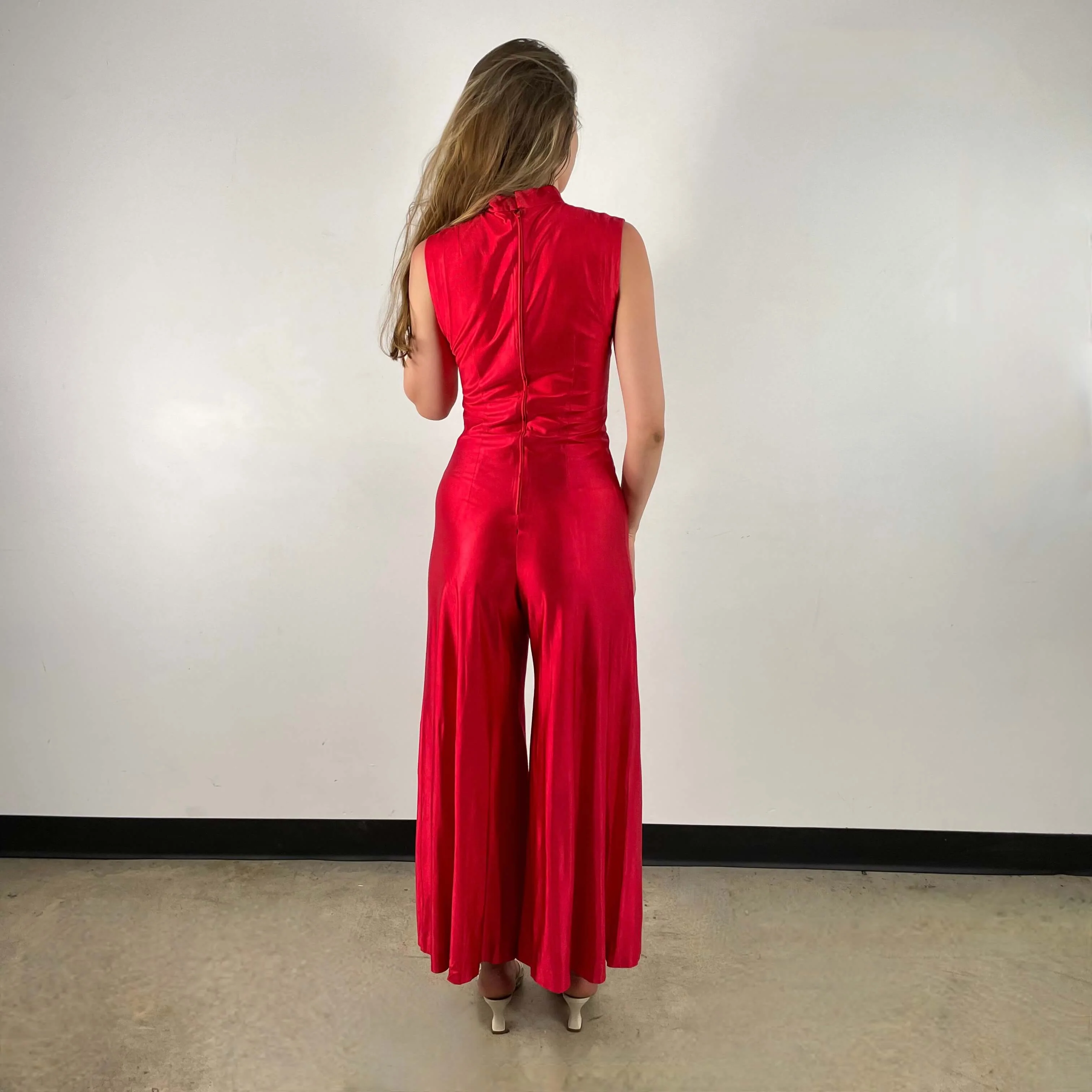 1970s Red Wide Leg Jumpsuit Small - Image 3
