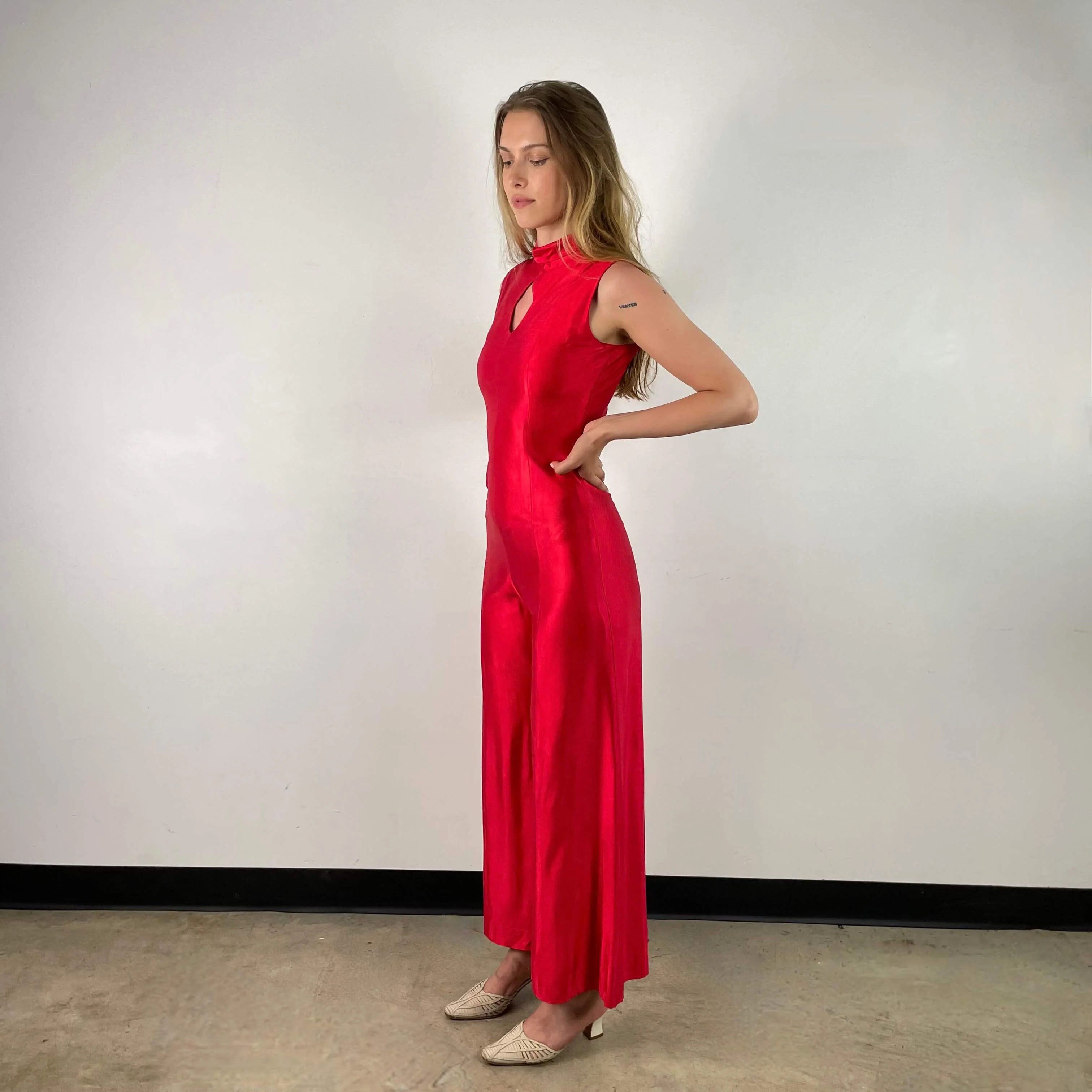 1970s Red Wide Leg Jumpsuit Small - Image 5