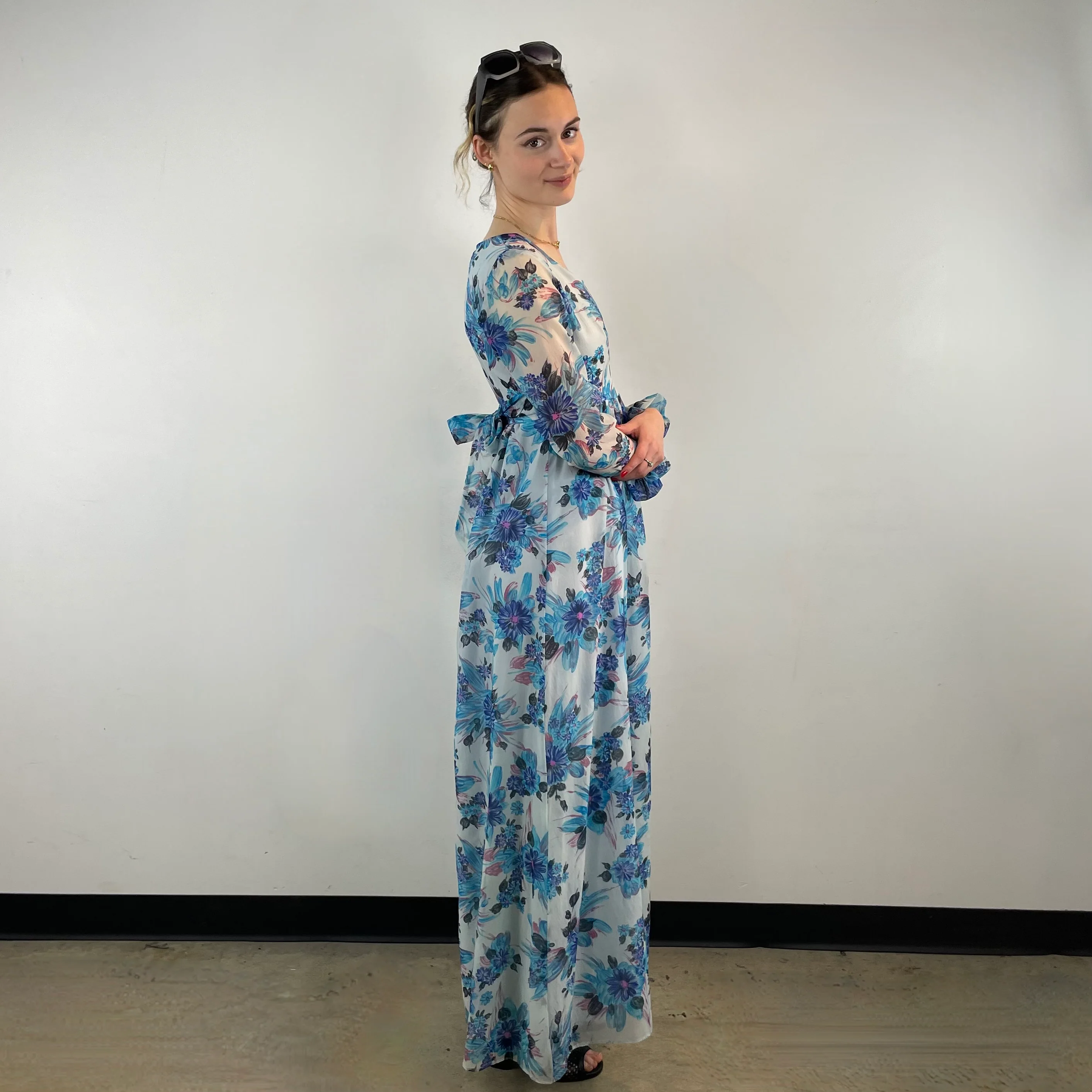 1970s Romantic Floral Print Long Sleeve Maxi Dress Small - Image 2