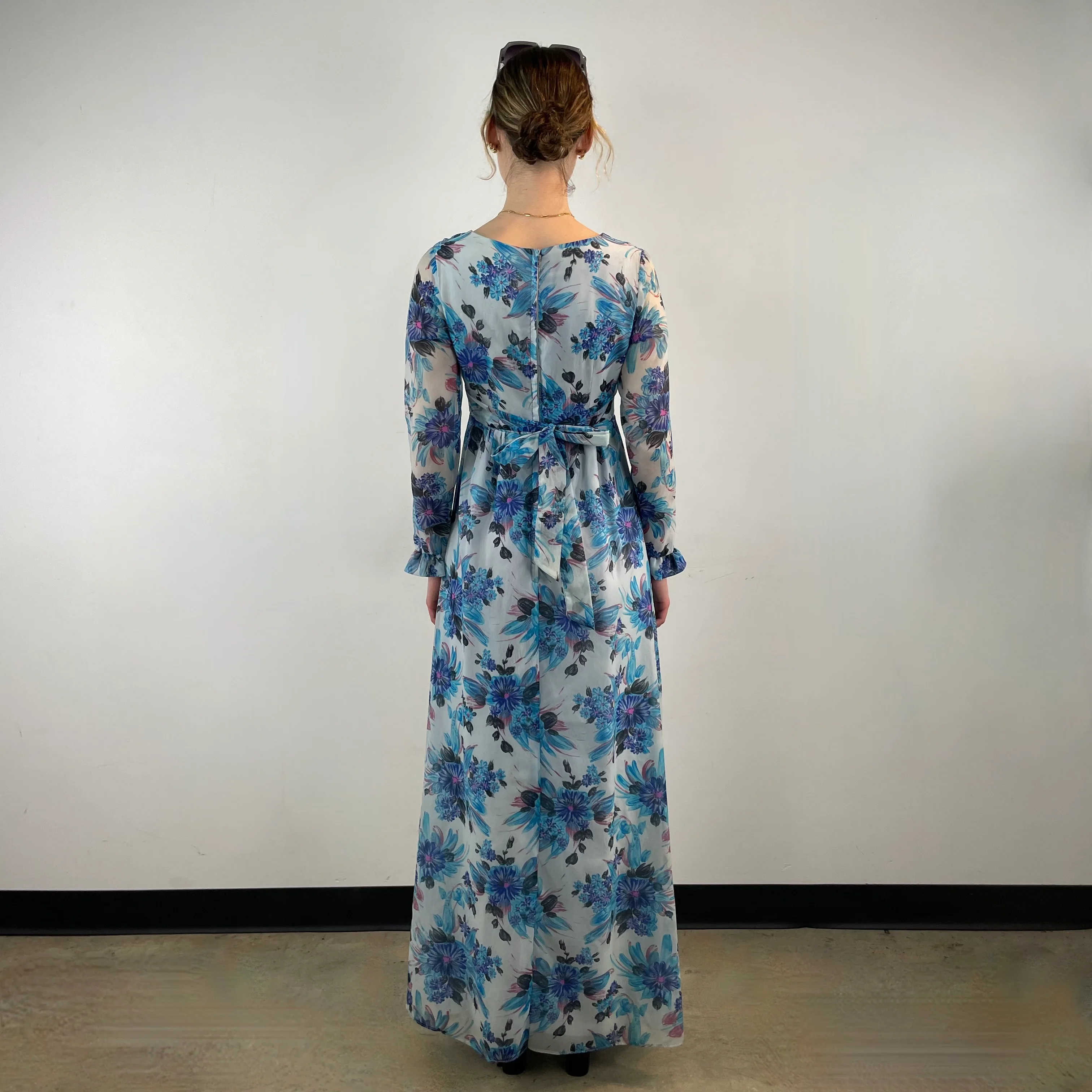 1970s Romantic Floral Print Long Sleeve Maxi Dress Small - Image 4