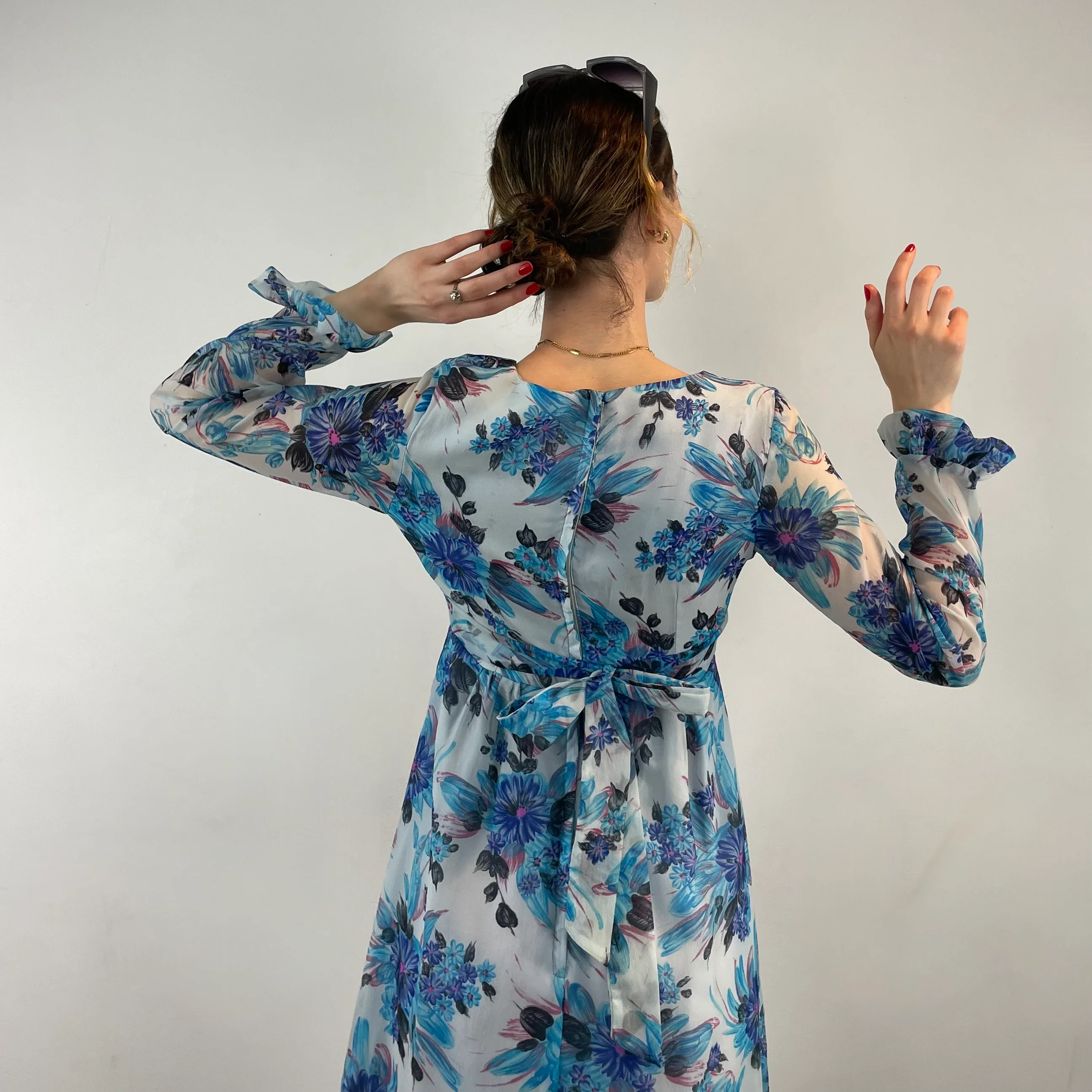 1970s Romantic Floral Print Long Sleeve Maxi Dress Small - Image 5