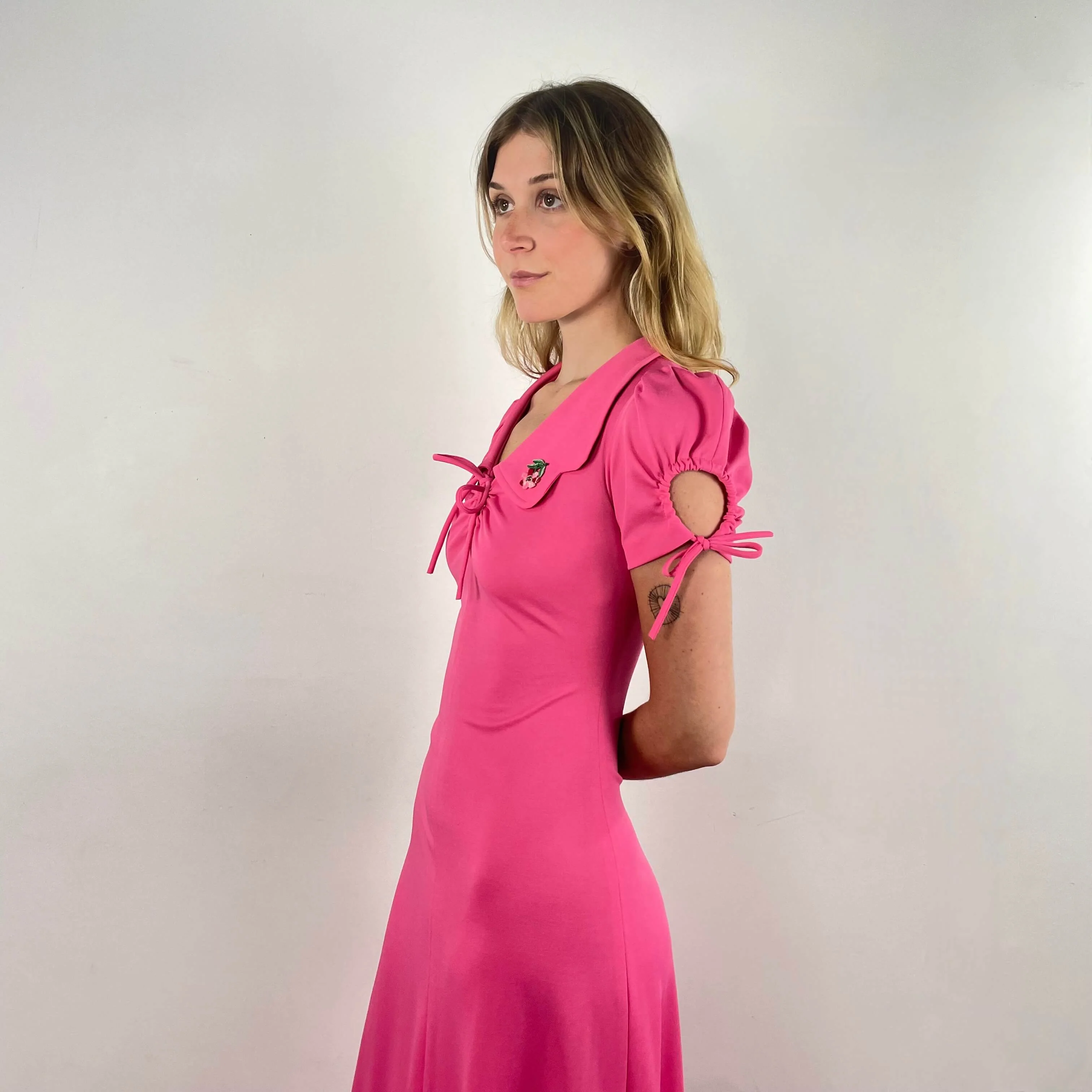 1970s Short Sleeve Flared Pink Maxi Dress Small - Image 3