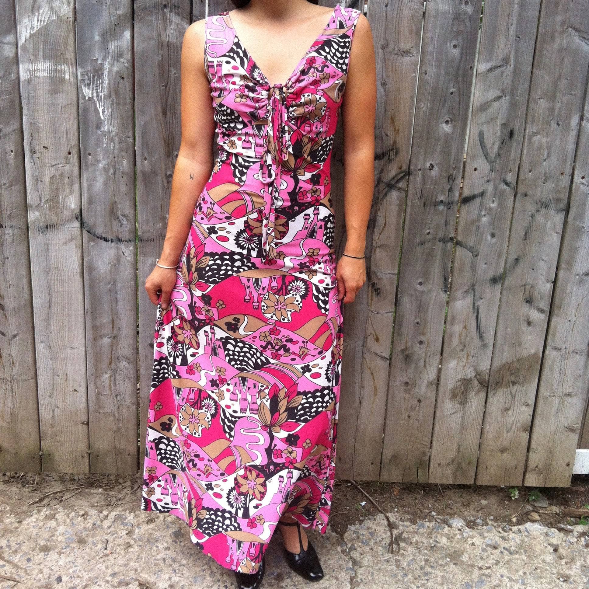 1970s Sleeveless Bold Print Maxi Dress Small - Image 4