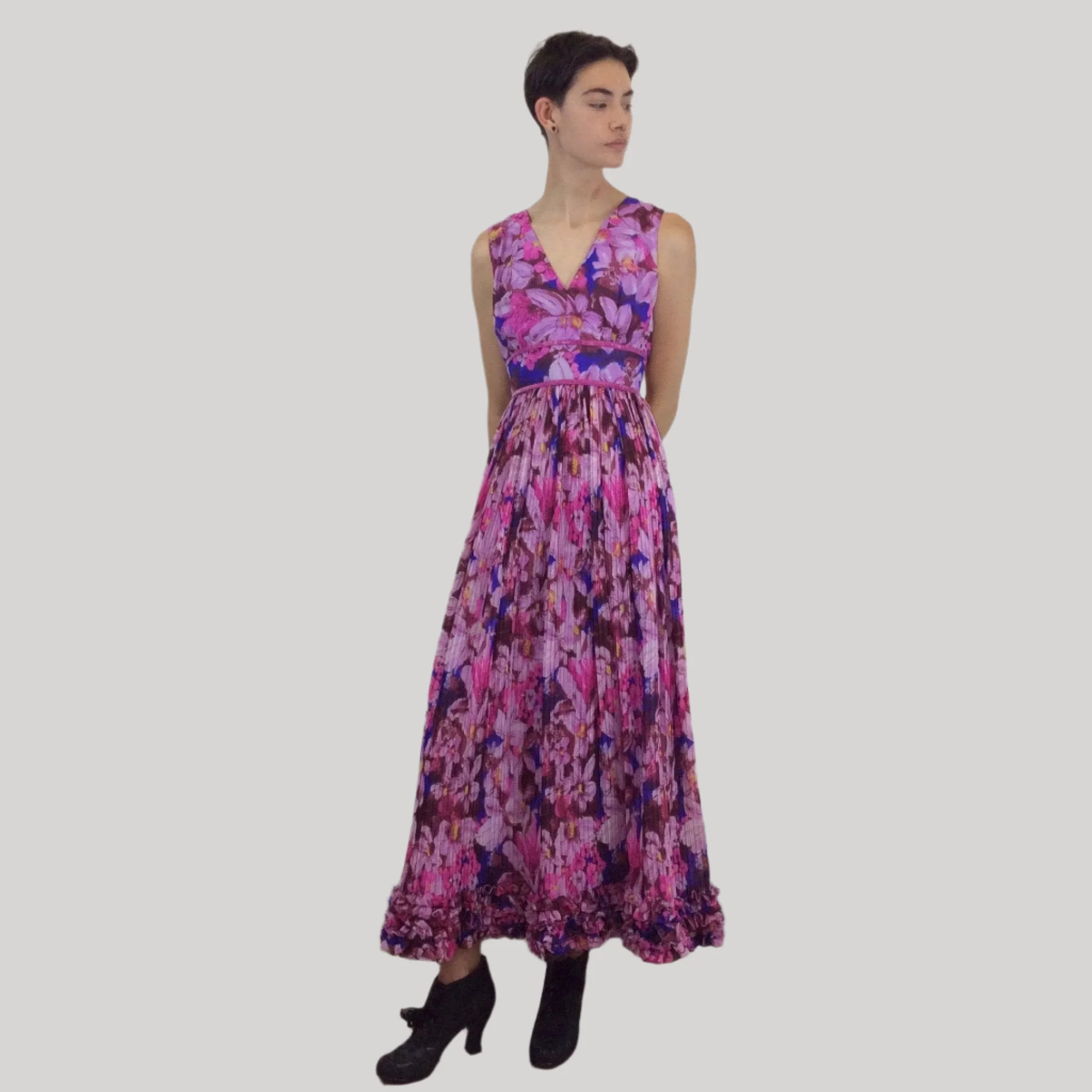 1970s Sleeveless Floral Print Maxi Dress XS/S