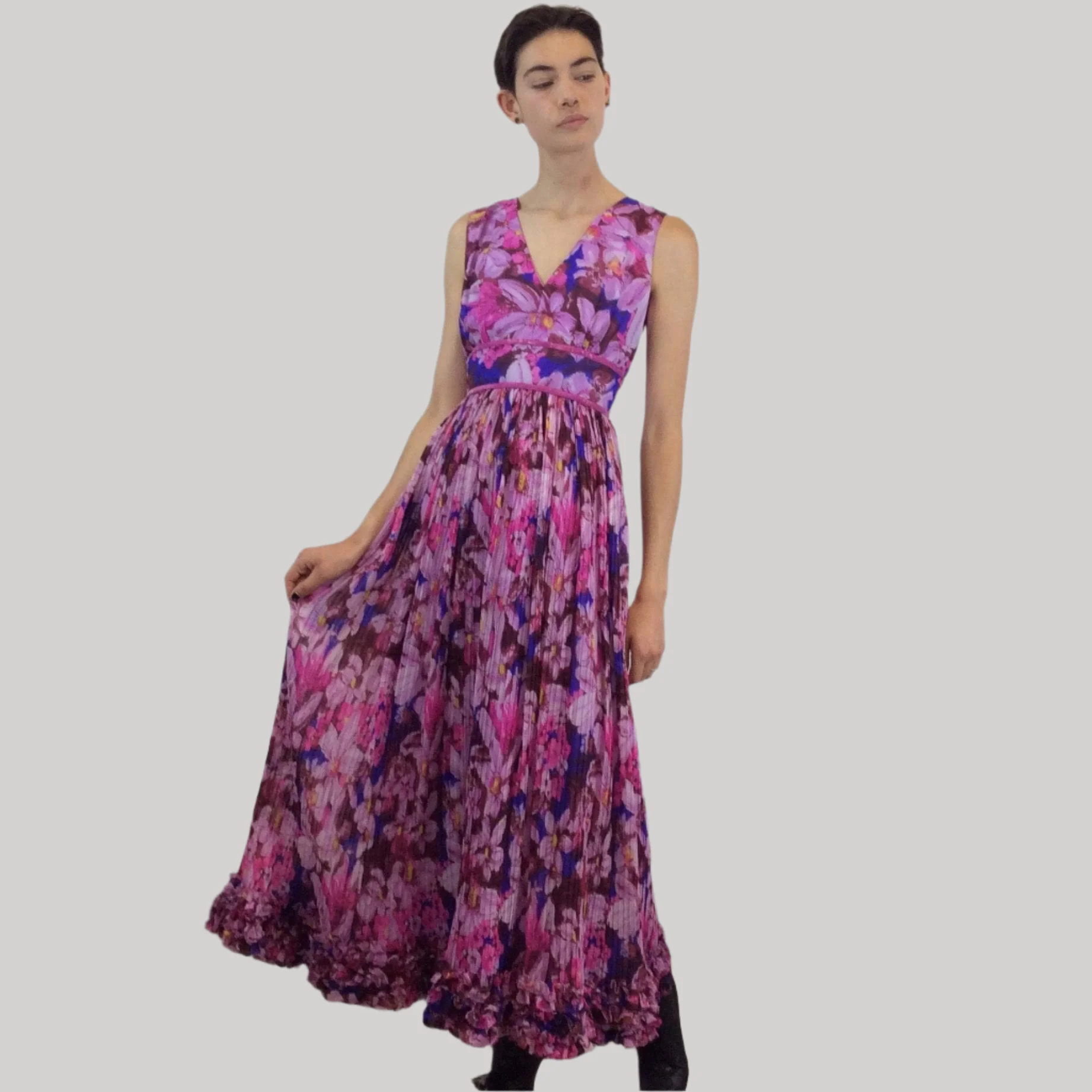 1970s Sleeveless Floral Print Maxi Dress XS/S - Image 3