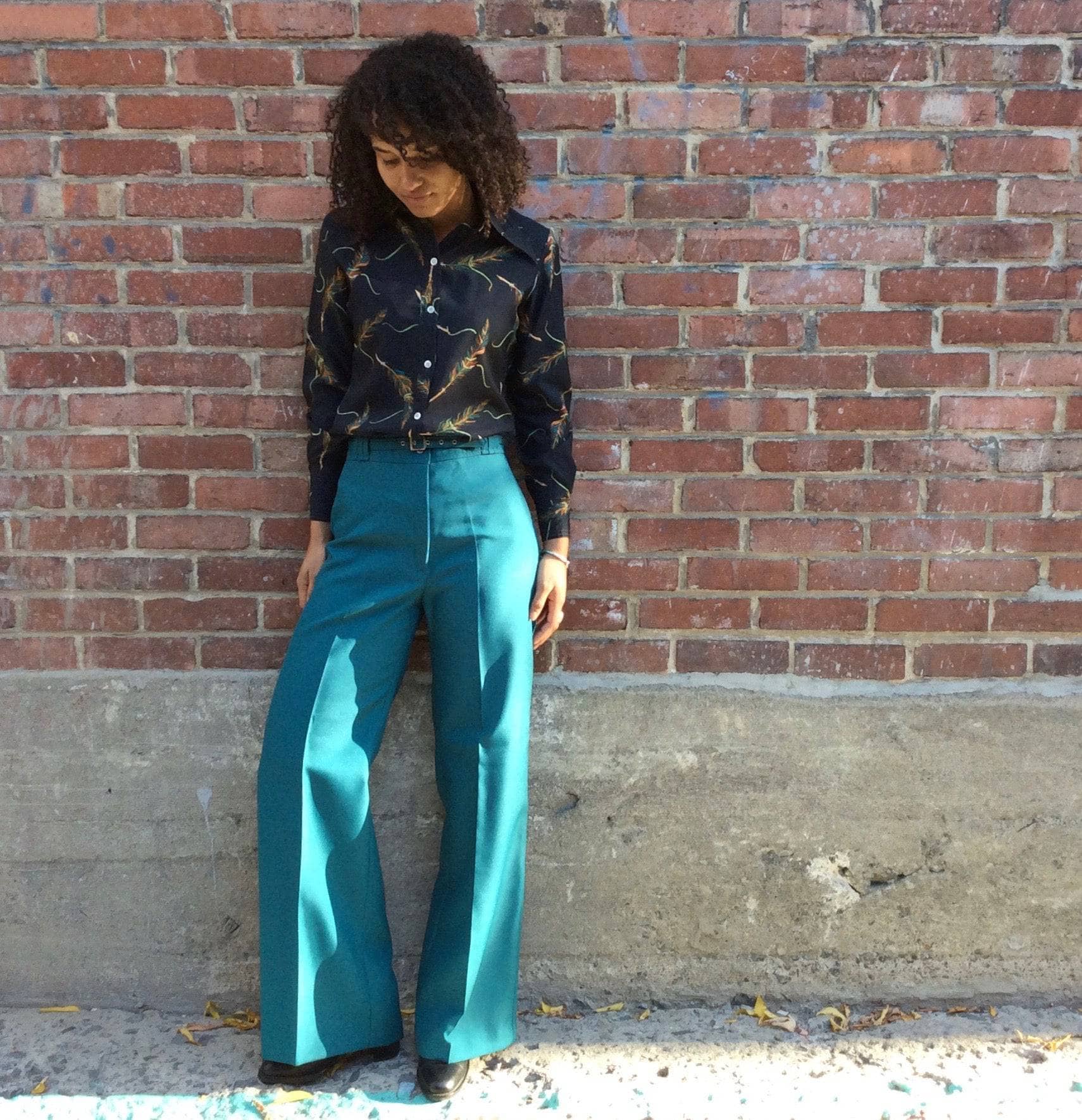 1970s Teal High Waisted Wide Leg Pants Medium