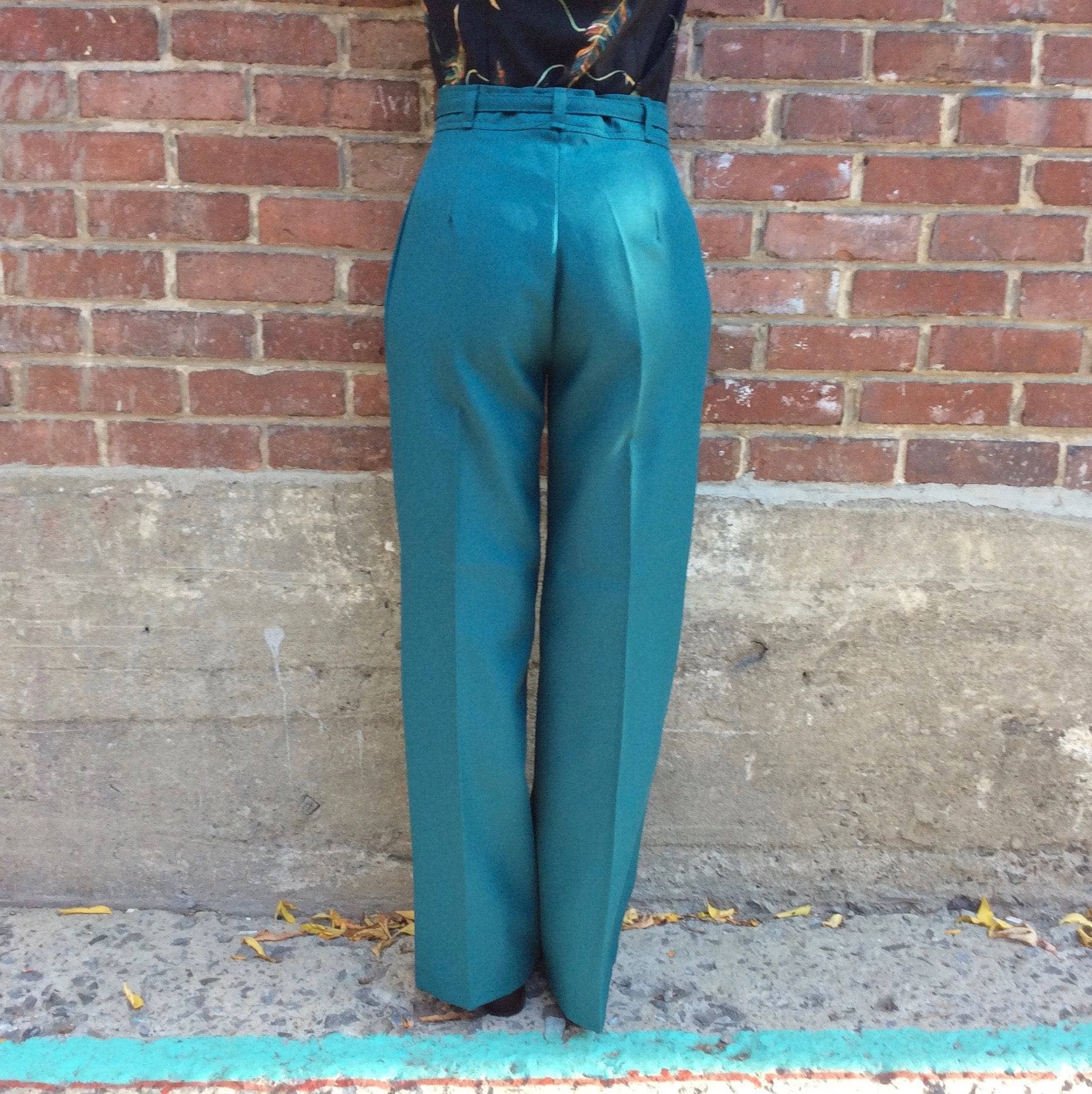 1970s Teal High Waisted Wide Leg Pants Medium - Image 2