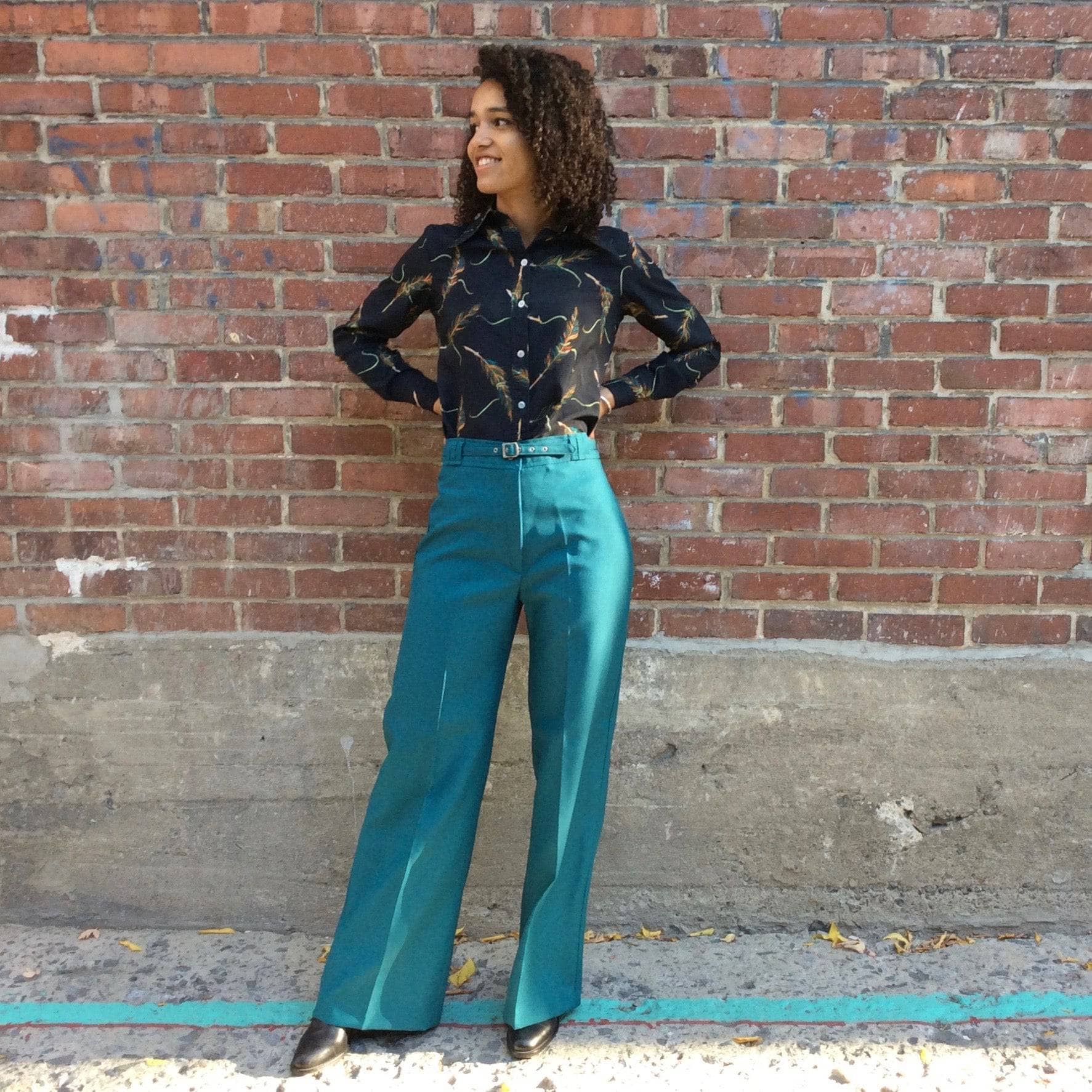 1970s Teal High Waisted Wide Leg Pants Medium - Image 3