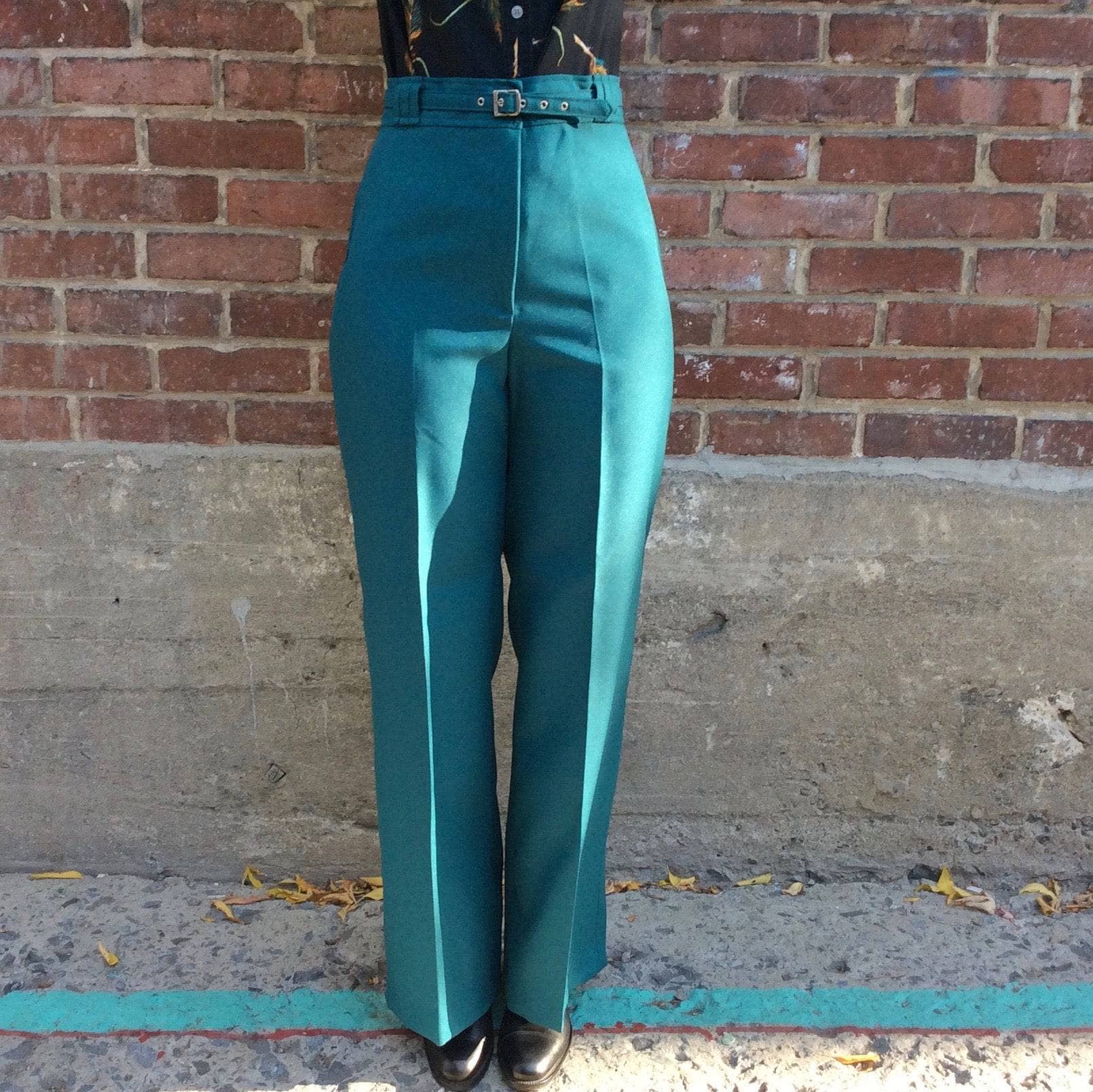 1970s Teal High Waisted Wide Leg Pants Medium - Image 4