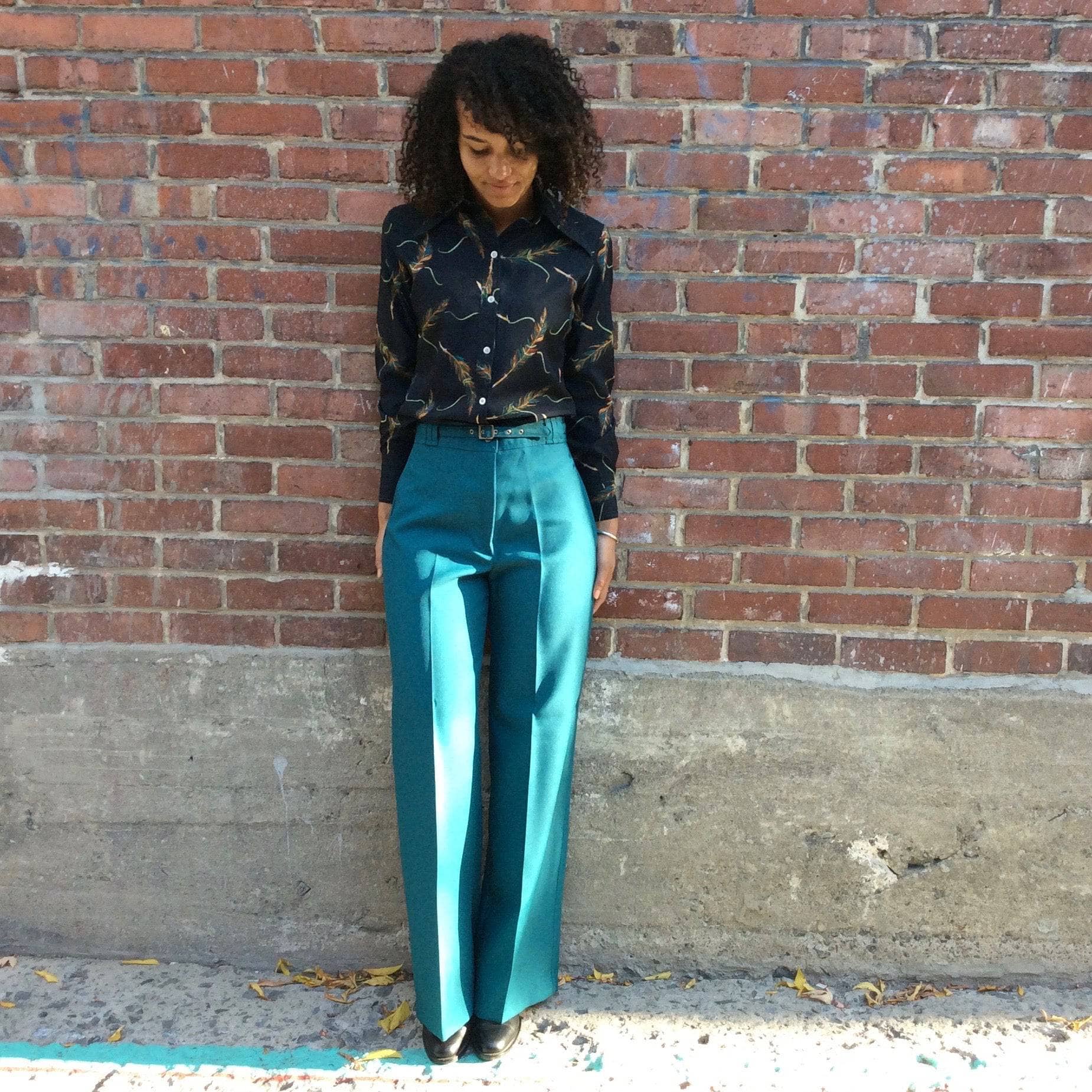 1970s Teal High Waisted Wide Leg Pants Medium - Image 6