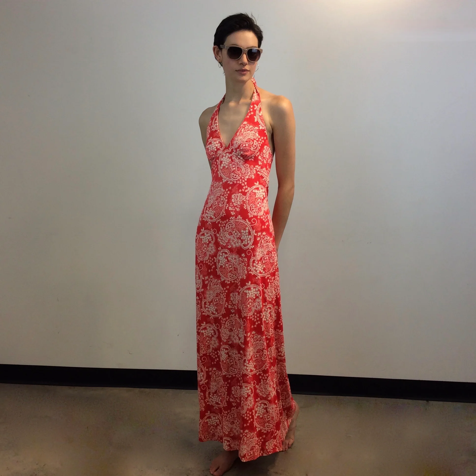 1970s Tie Back Halter Top Maxi Dress Small
