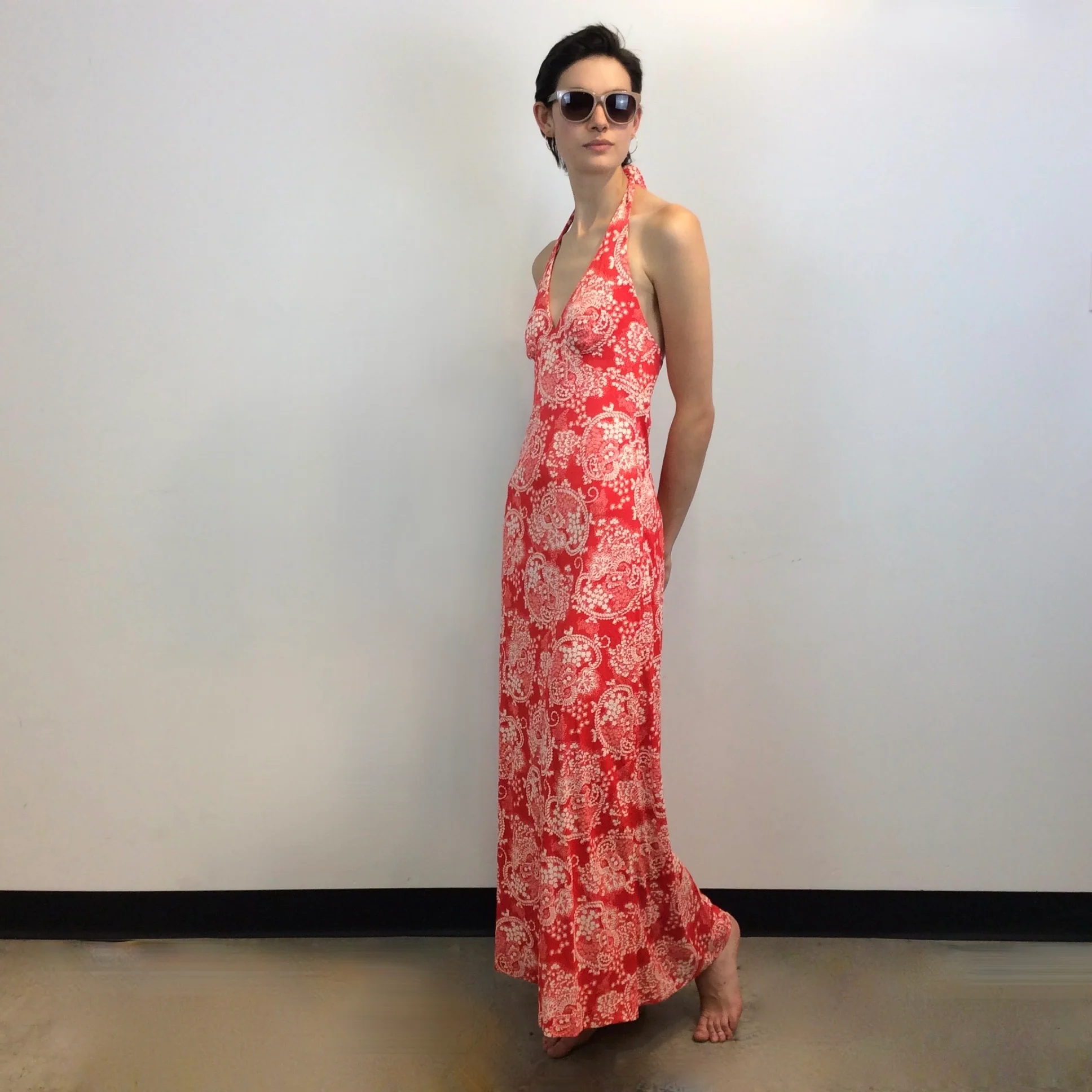 1970s Tie Back Halter Top Maxi Dress Small - Image 3
