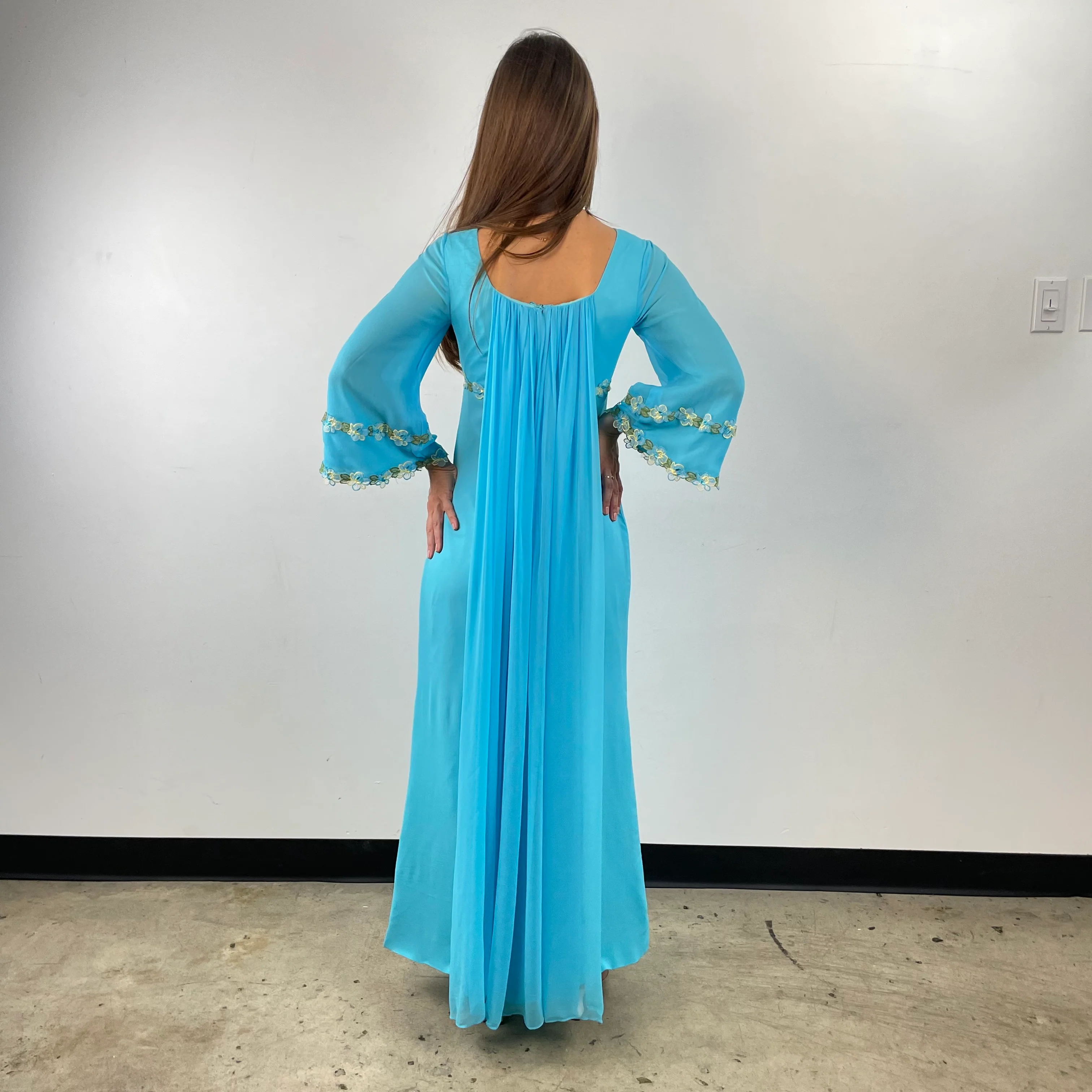 1970s Turquoise Silk Chiffon Long-Sleeved Maxi Dress Small - Image 2