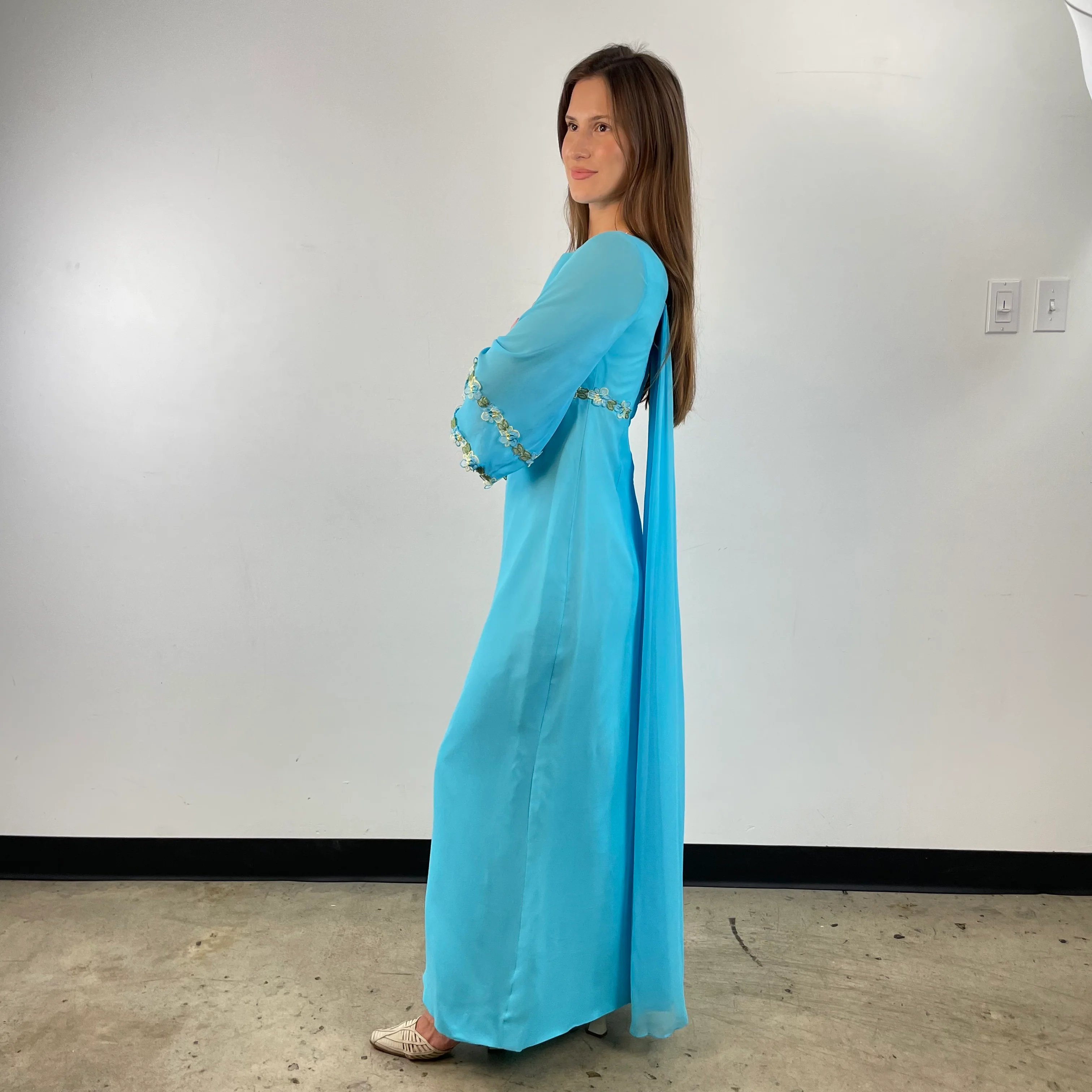 1970s Turquoise Silk Chiffon Long-Sleeved Maxi Dress Small - Image 3