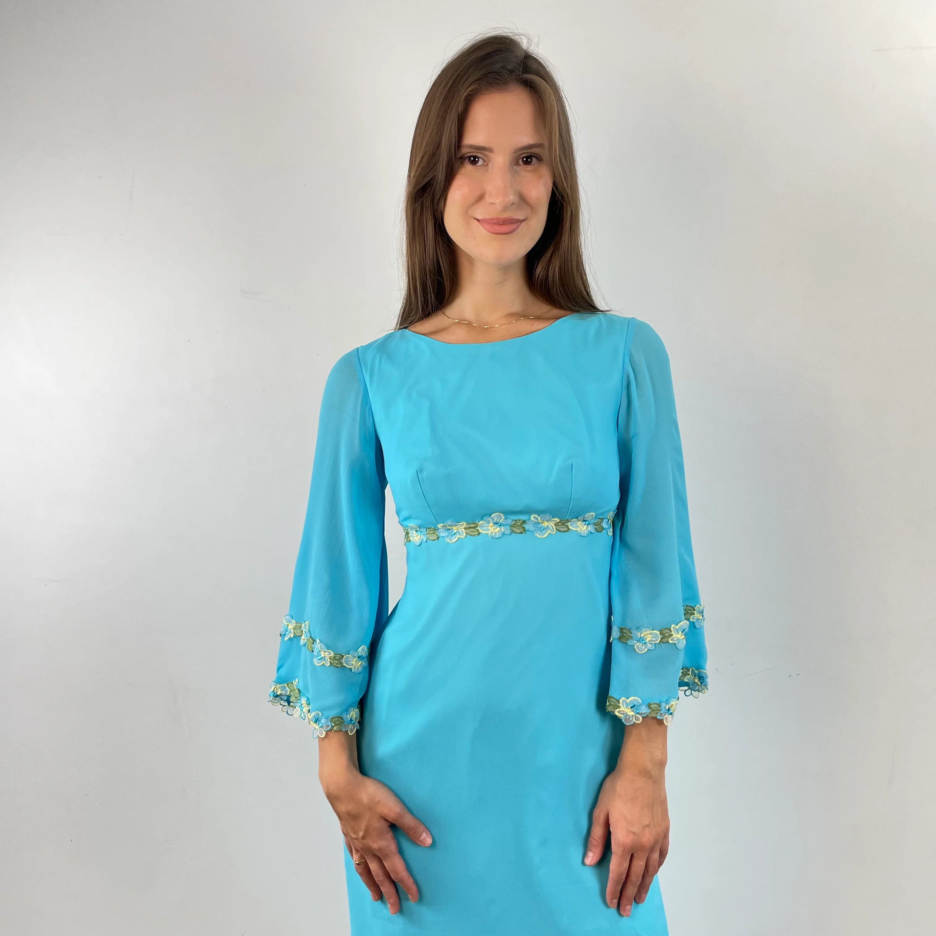 1970s Turquoise Silk Chiffon Long-Sleeved Maxi Dress Small - Image 4