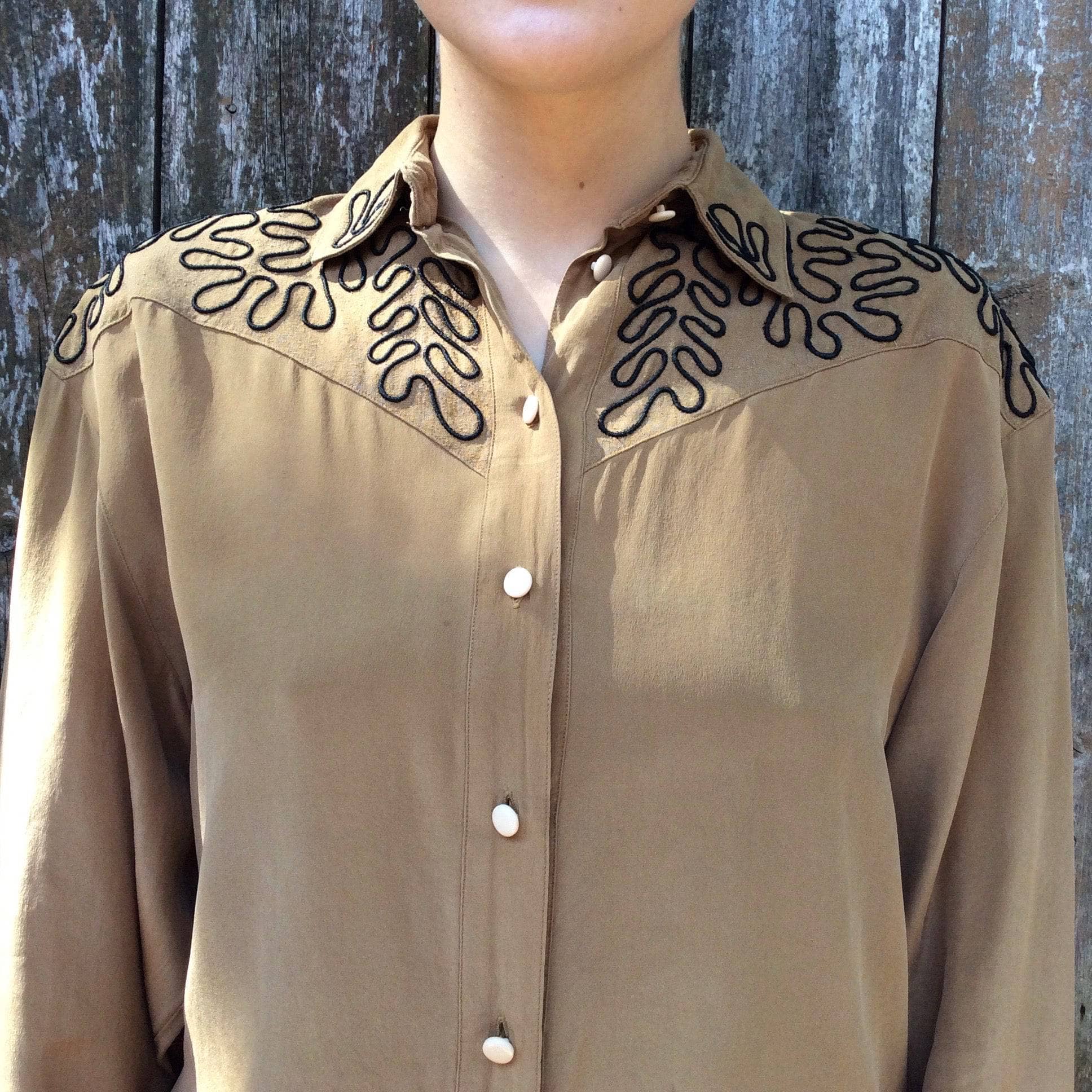 1980’s Light Brown Long Sleeve Silk Blouse Small/Medium - Image 3
