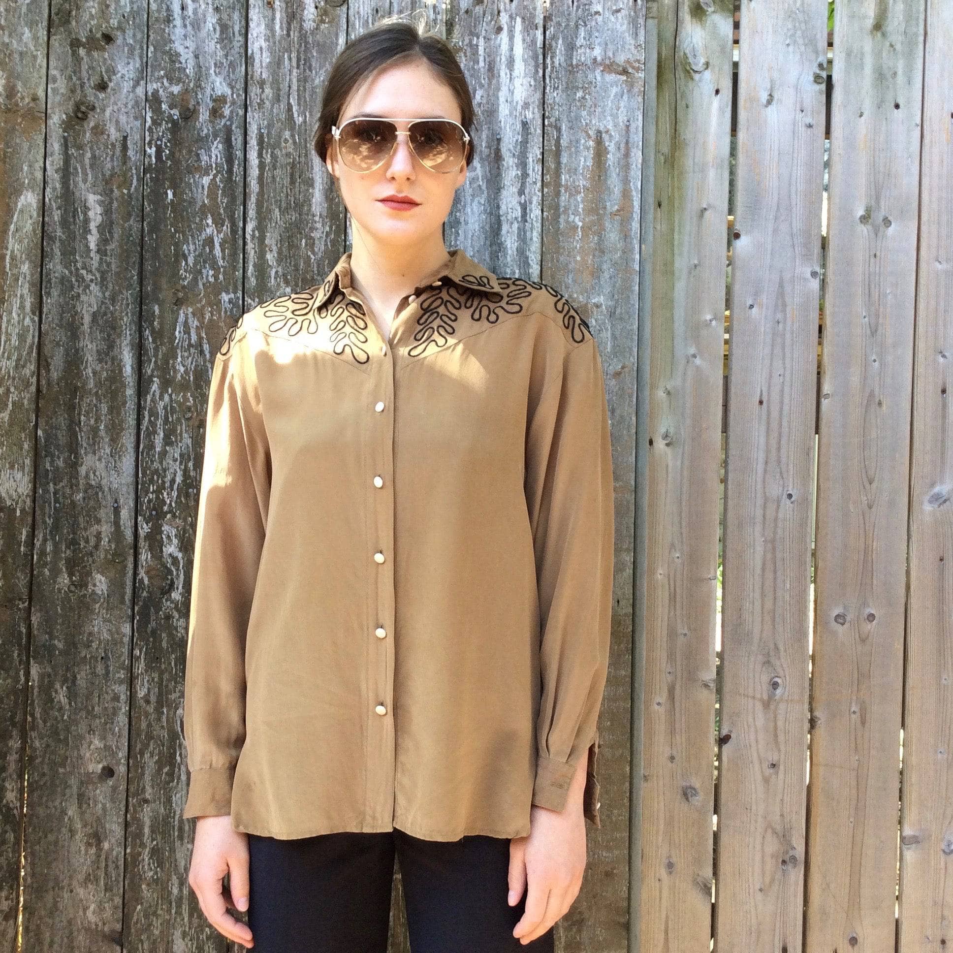 1980’s Light Brown Long Sleeve Silk Blouse Small/Medium - Image 5