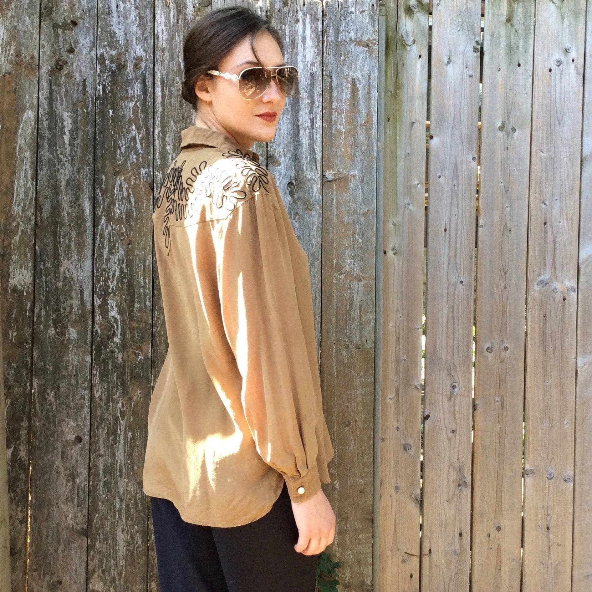 1980’s Light Brown Long Sleeve Silk Blouse Small/Medium - Image 6