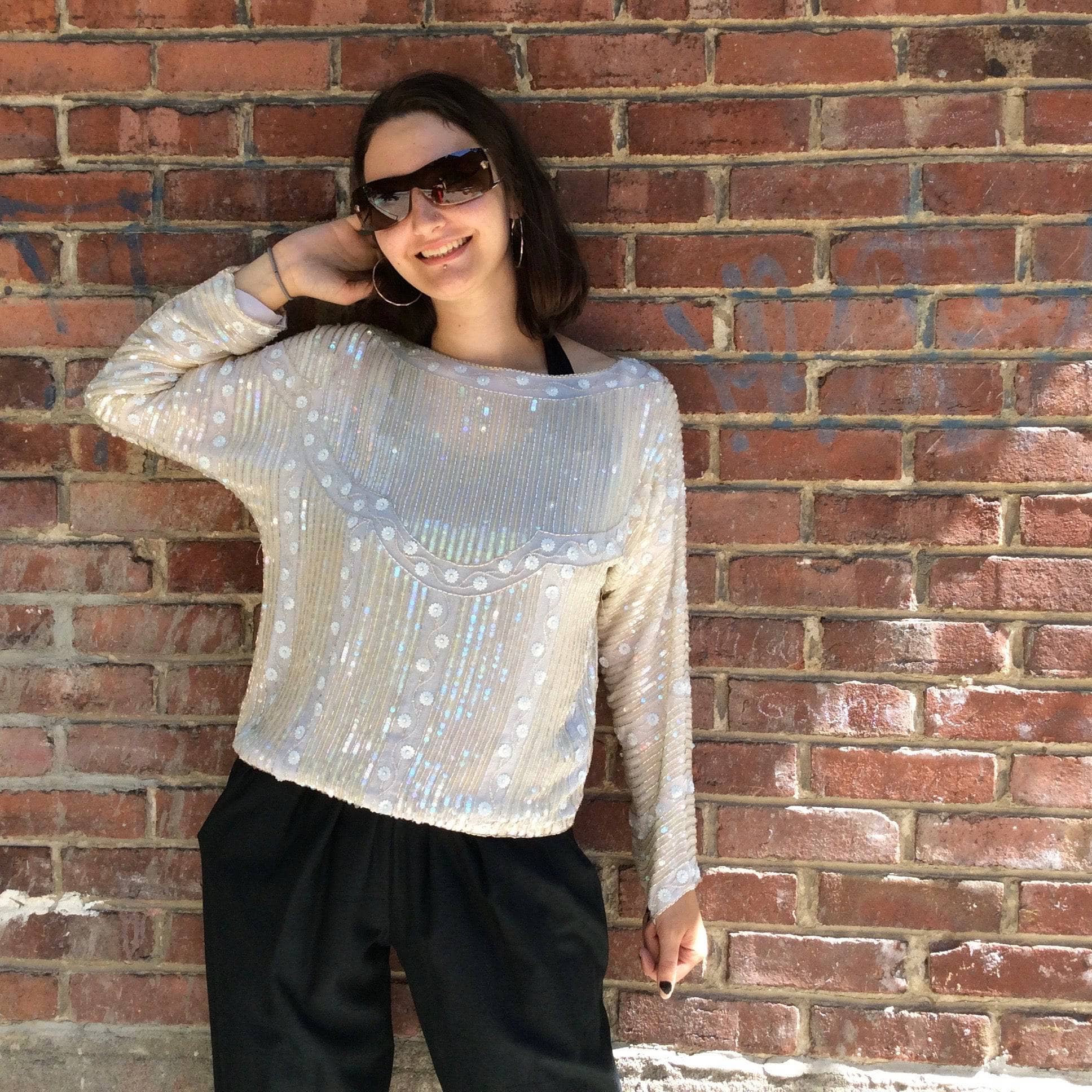 1980s-90s Ivory Beaded and Sequin Silk Top S/M