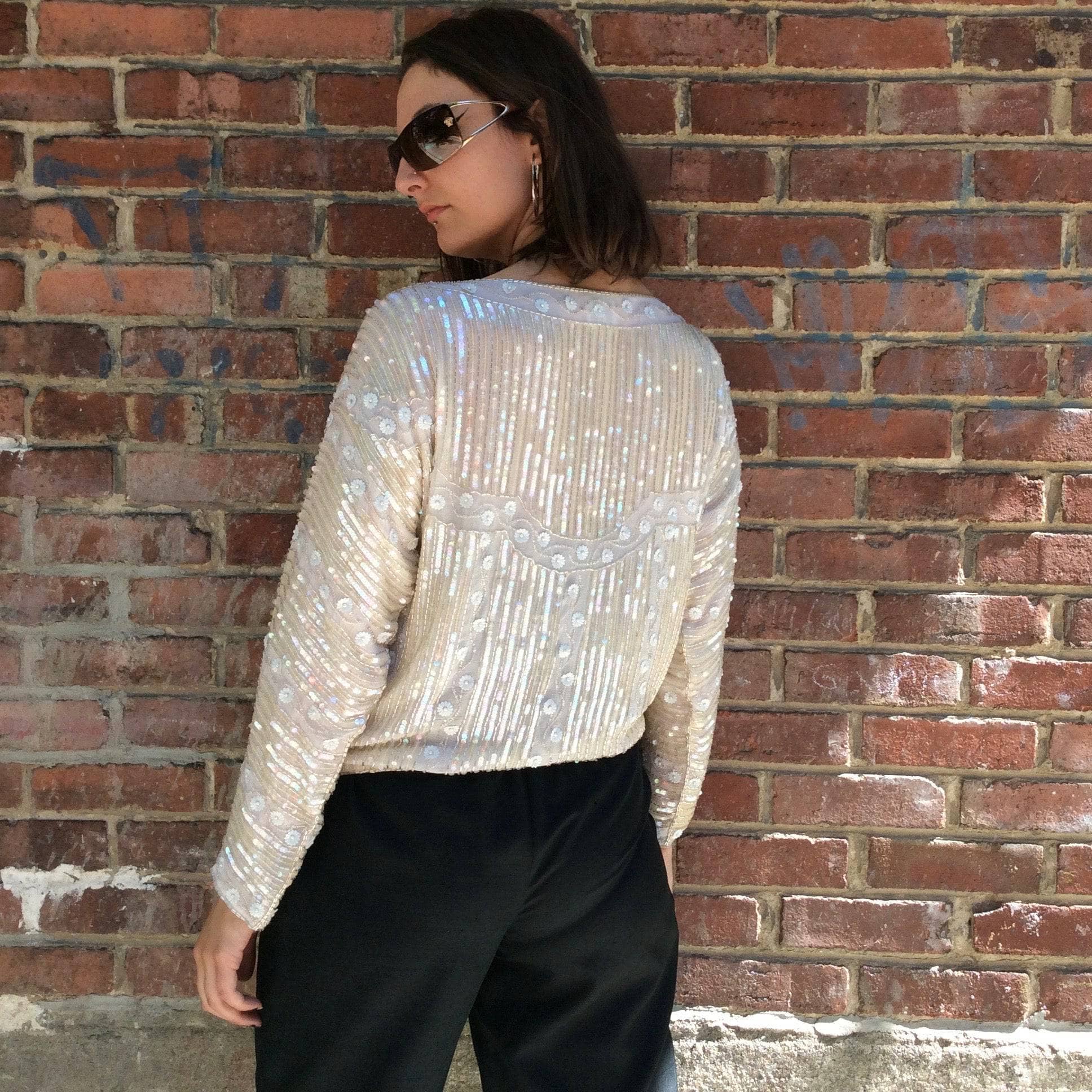 1980s-90s Ivory Beaded and Sequin Silk Top S/M - Image 2