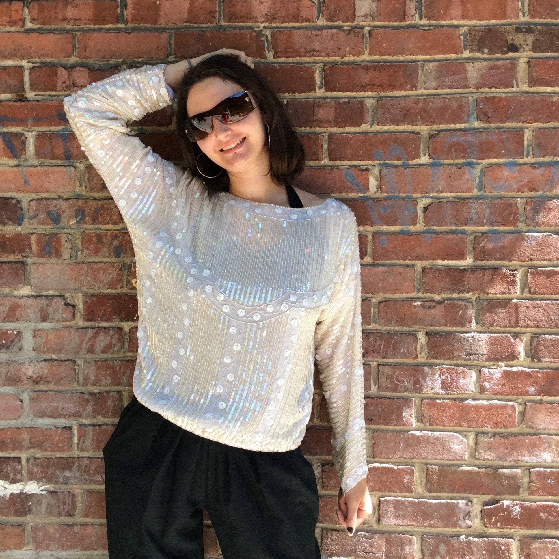 1980s-90s Ivory Beaded and Sequin Silk Top S/M - Image 3