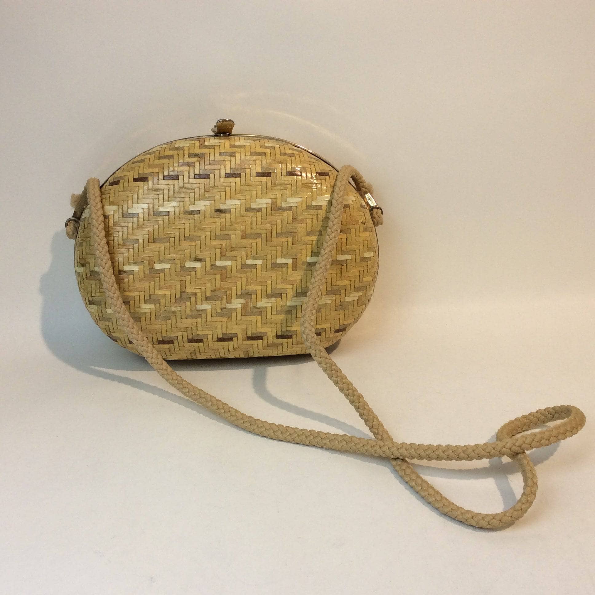 1980s-1990s Oval Shape Hard Shell Woven Straw Shoulder Bag