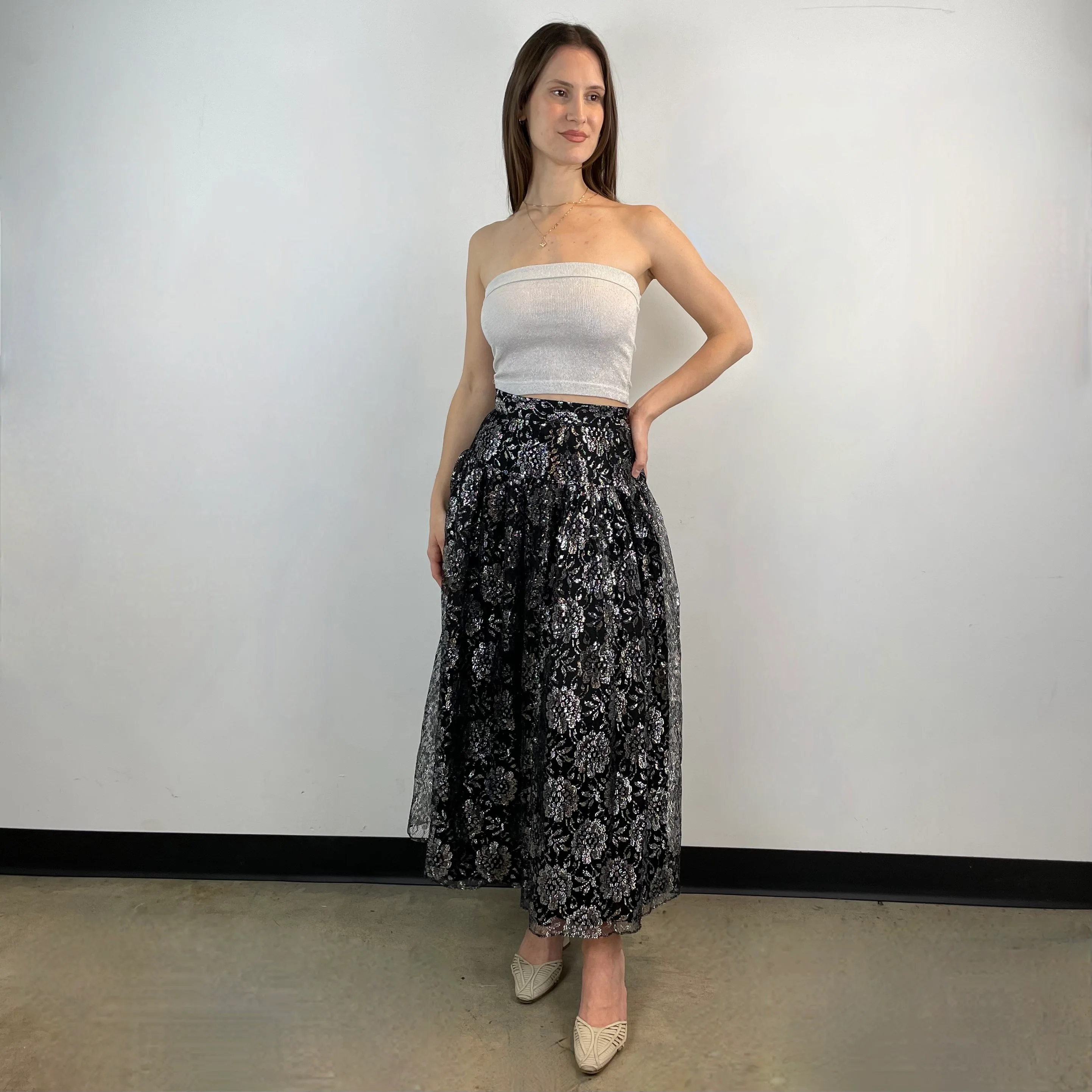 1980s-1990s Silver Lace Yoke Maxi Skirt XS/Small