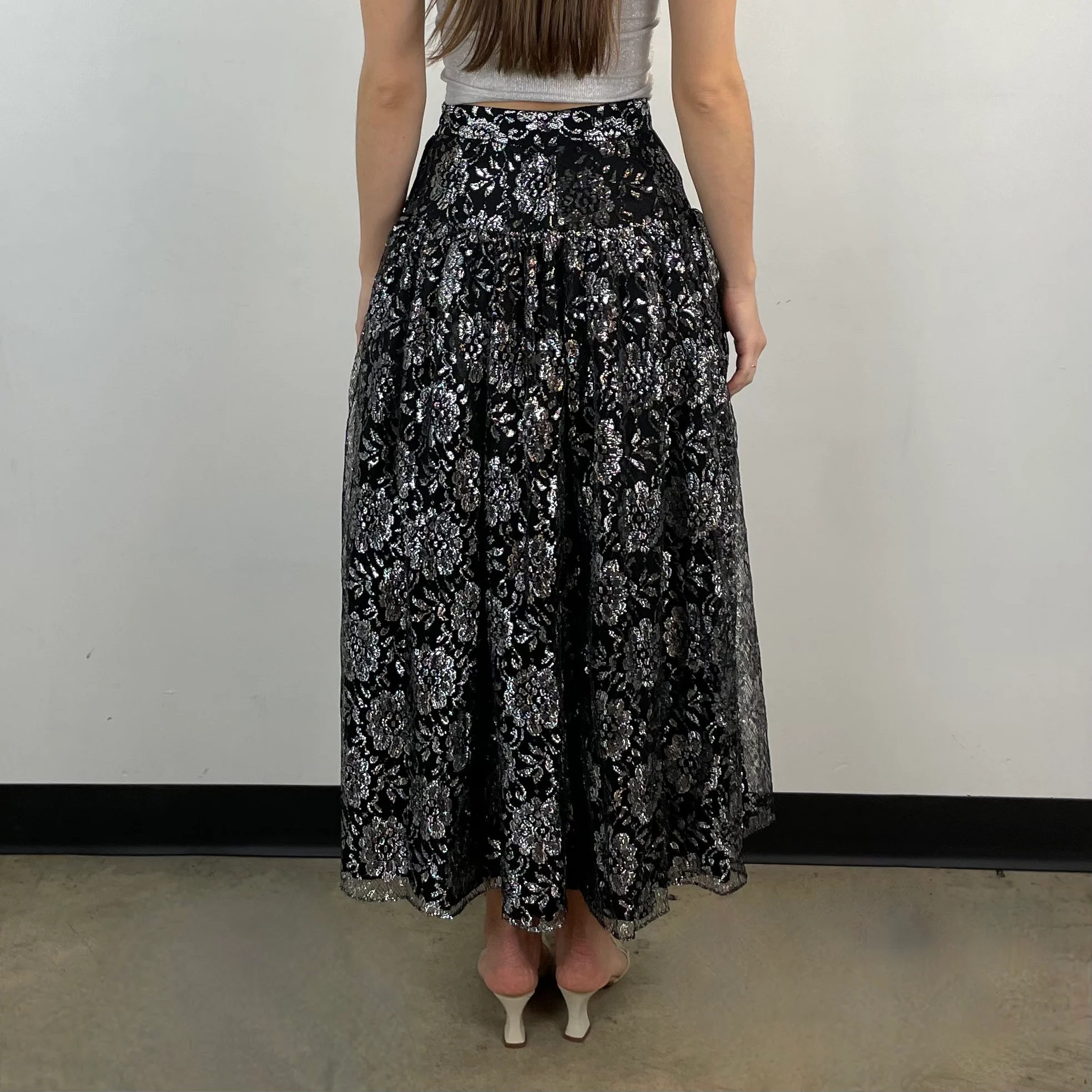 1980s-1990s Silver Lace Yoke Maxi Skirt XS/Small - Image 2