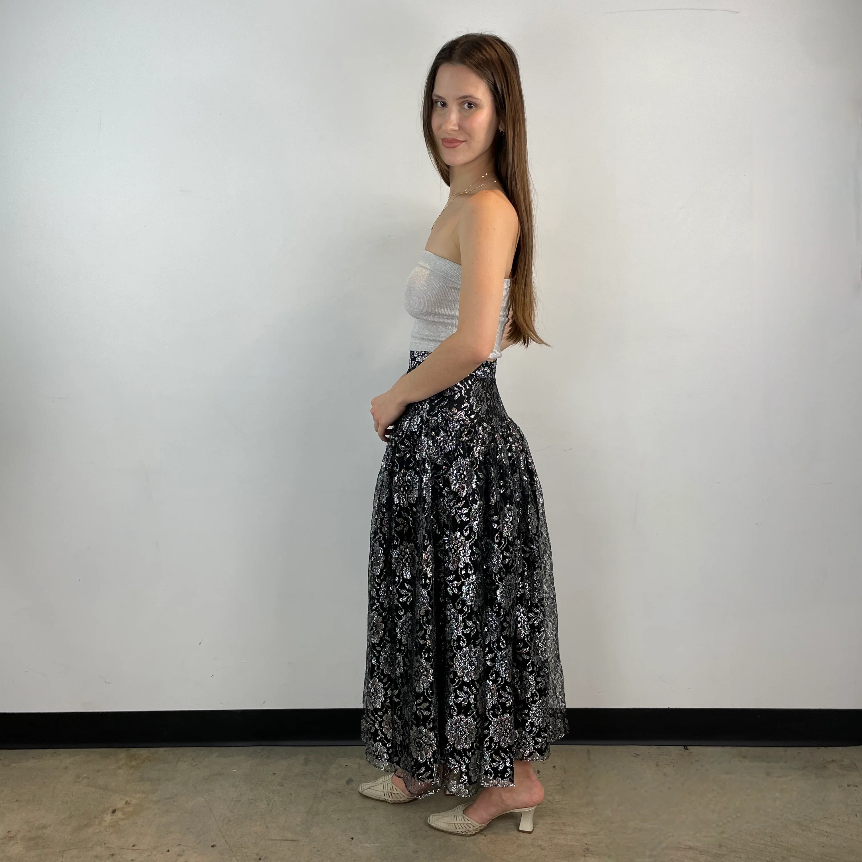 1980s-1990s Silver Lace Yoke Maxi Skirt XS/Small - Image 3