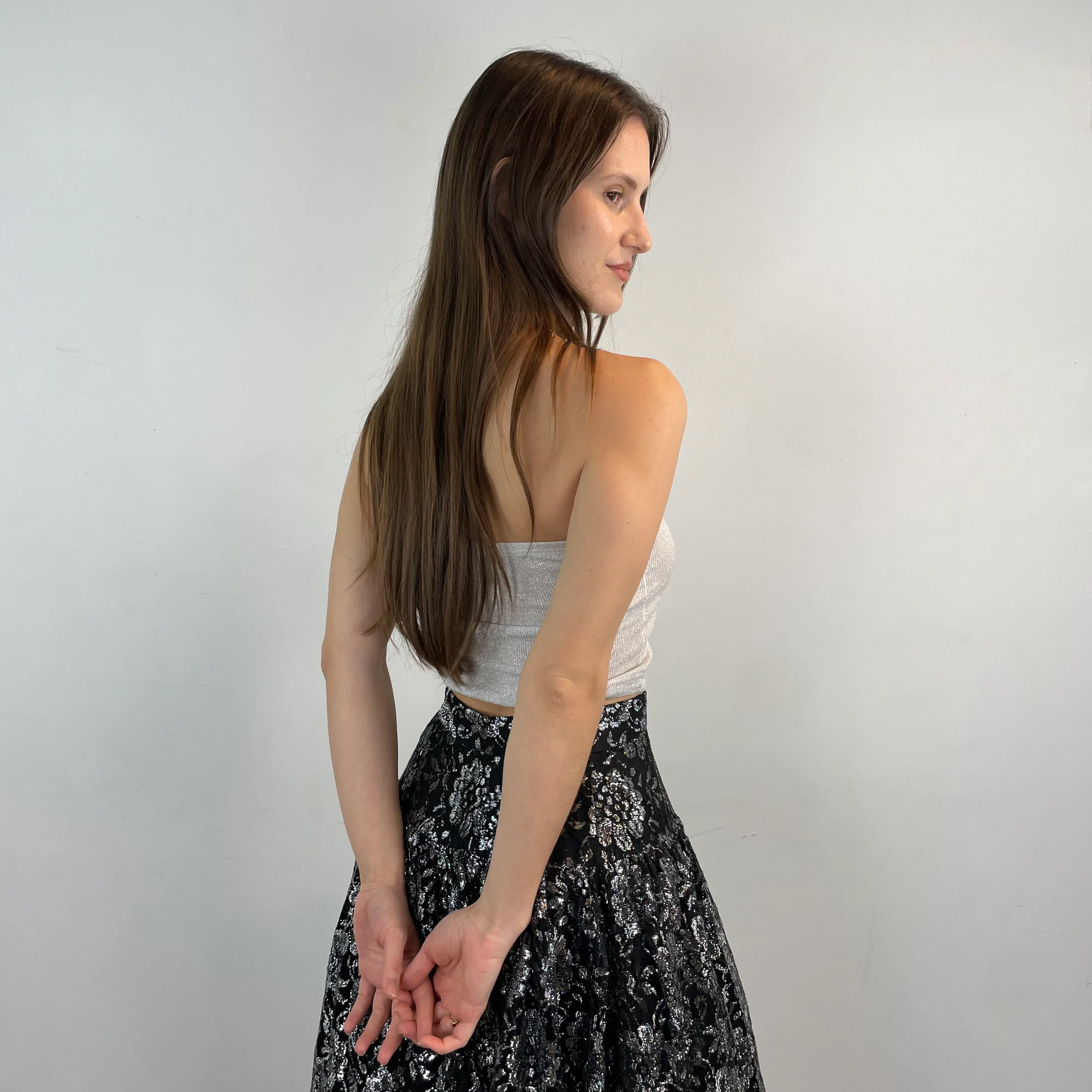 1980s-1990s Silver Lace Yoke Maxi Skirt XS/Small - Image 4