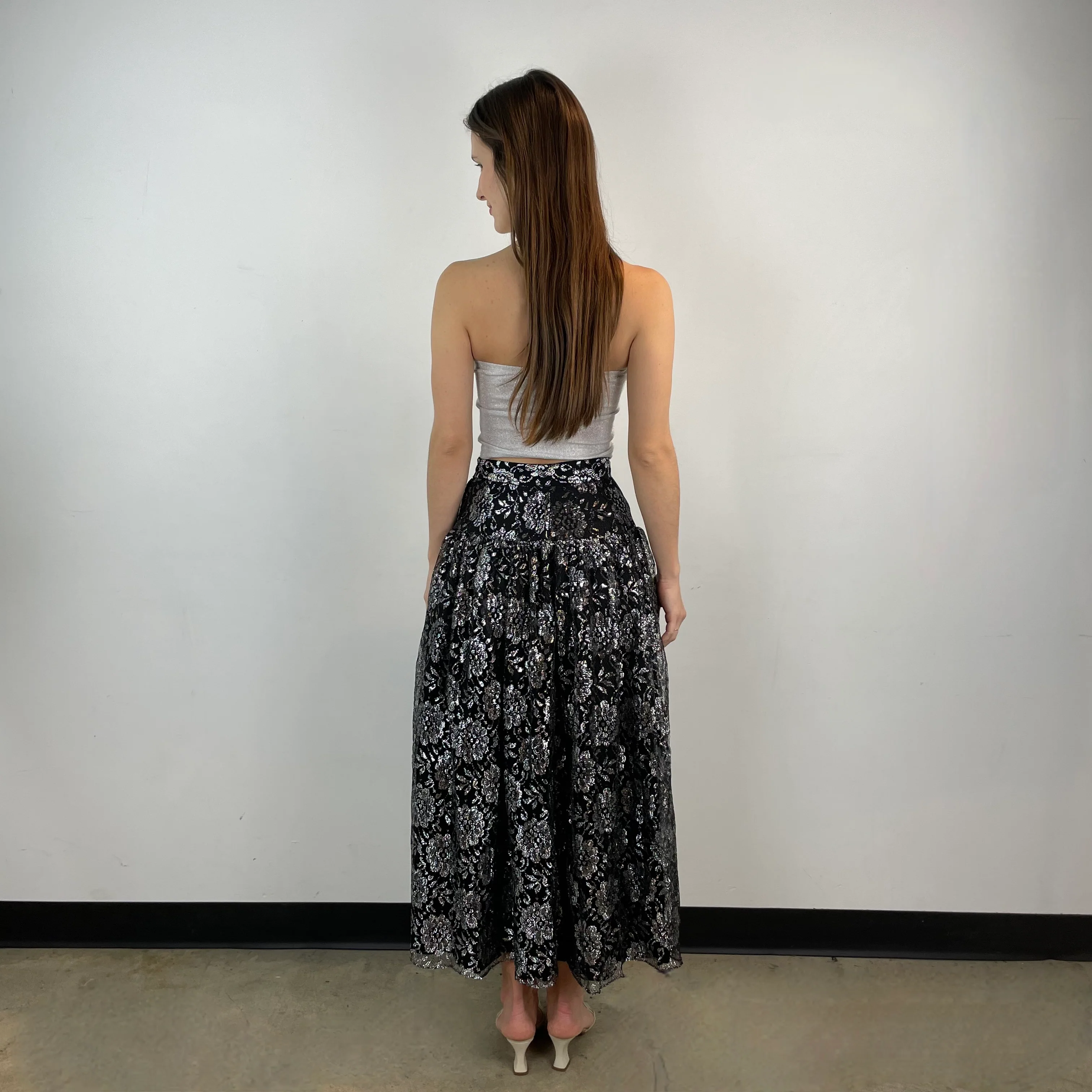 1980s-1990s Silver Lace Yoke Maxi Skirt XS/Small - Image 5