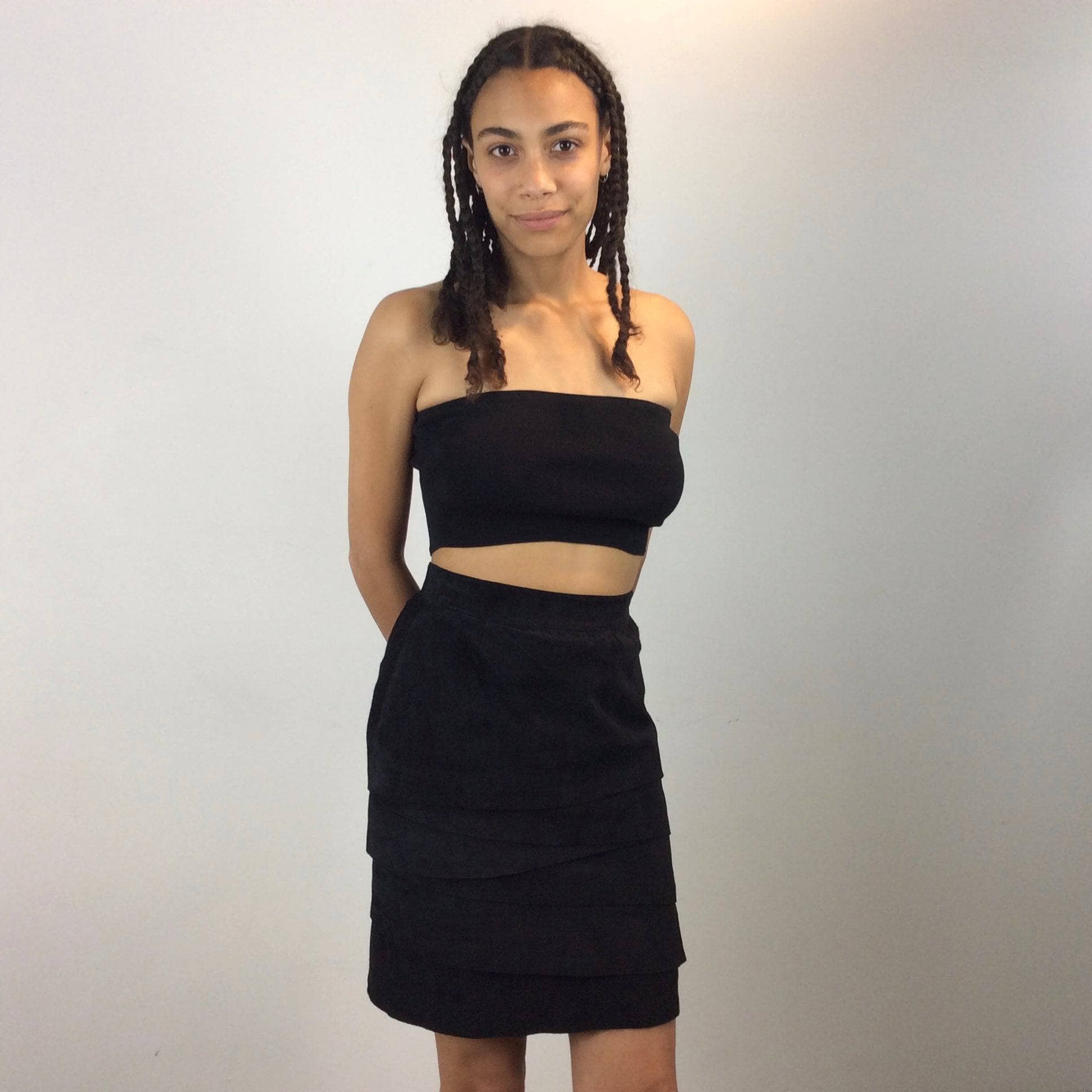 1980s-90s High Waist Black Layered Suede Skirt Small