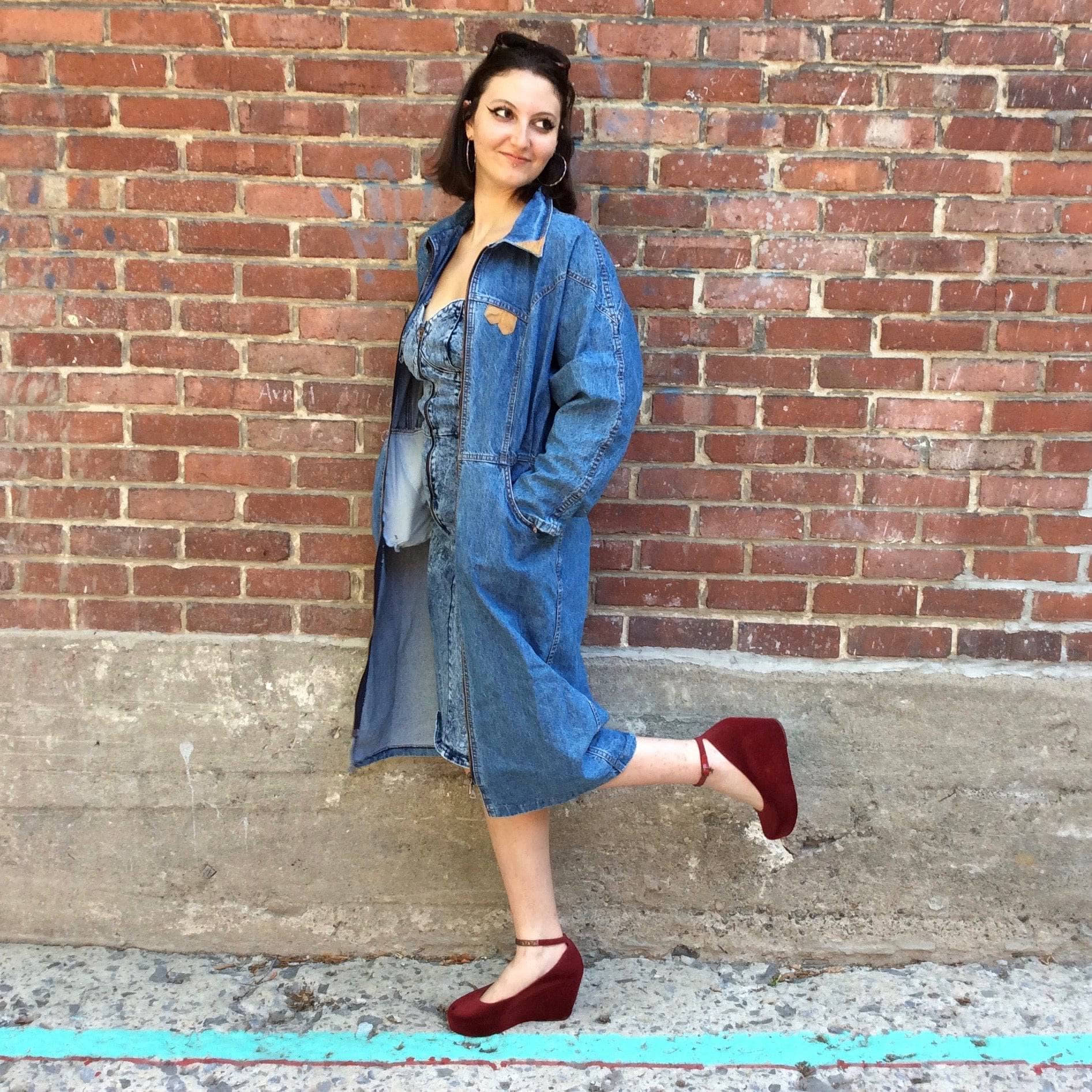 1980s-90s Midi-length Zipper Denim Coat Dress Medium - Image 3