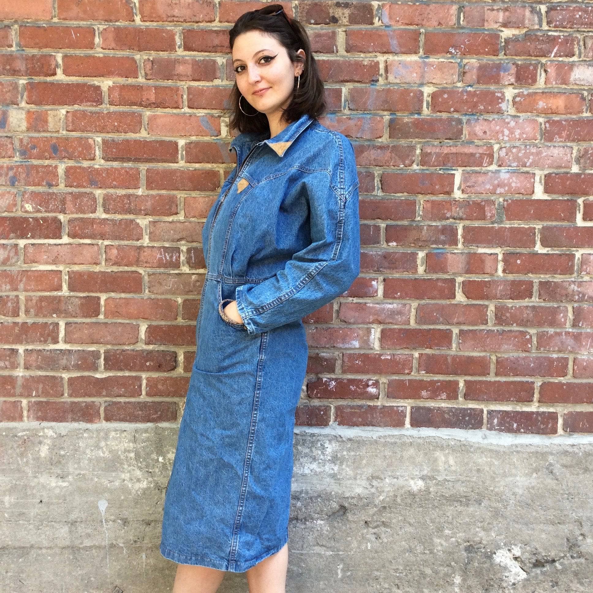 1980s-90s Midi-length Zipper Denim Coat Dress Medium - Image 4