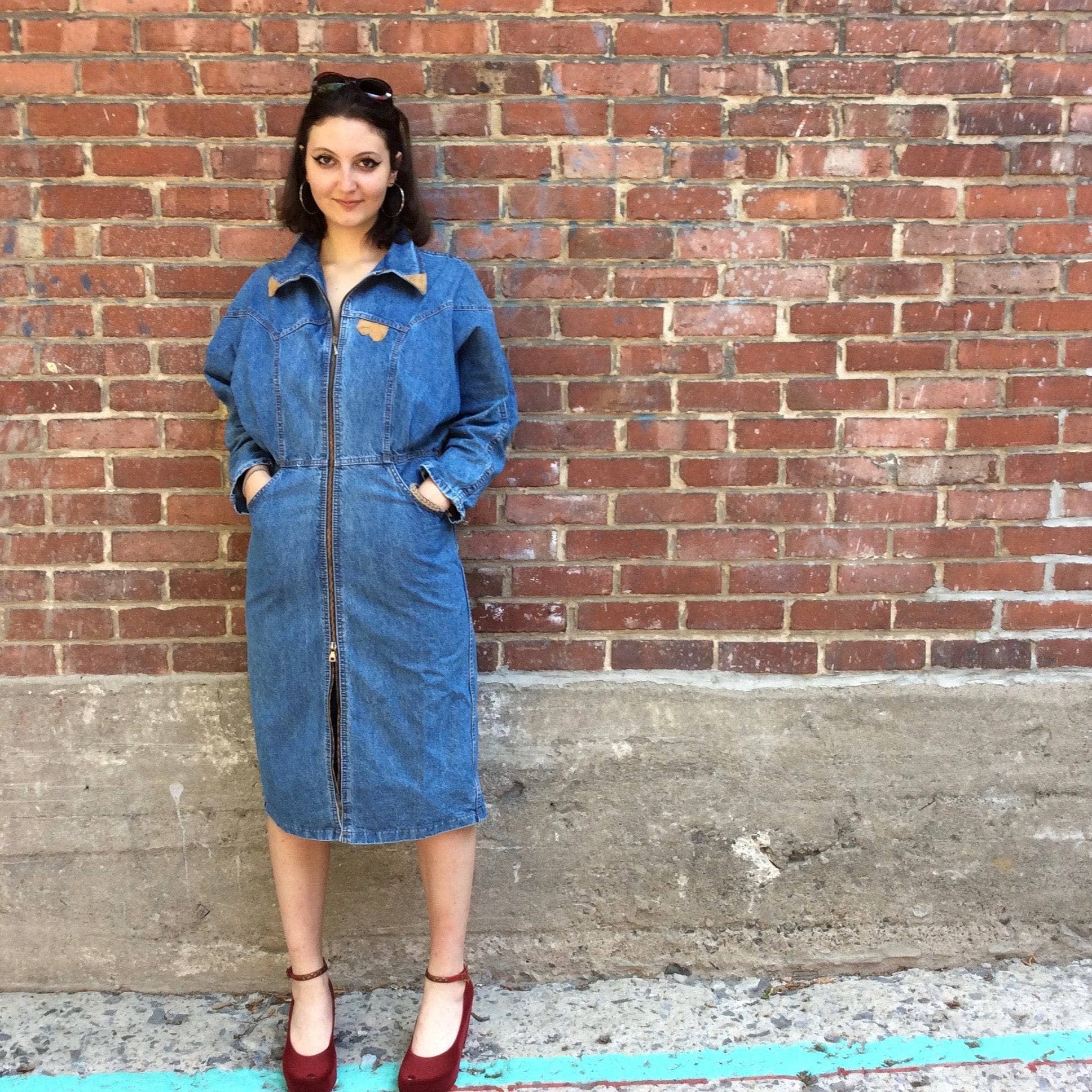 1980s-90s Midi-length Zipper Denim Coat Dress Medium - Image 5