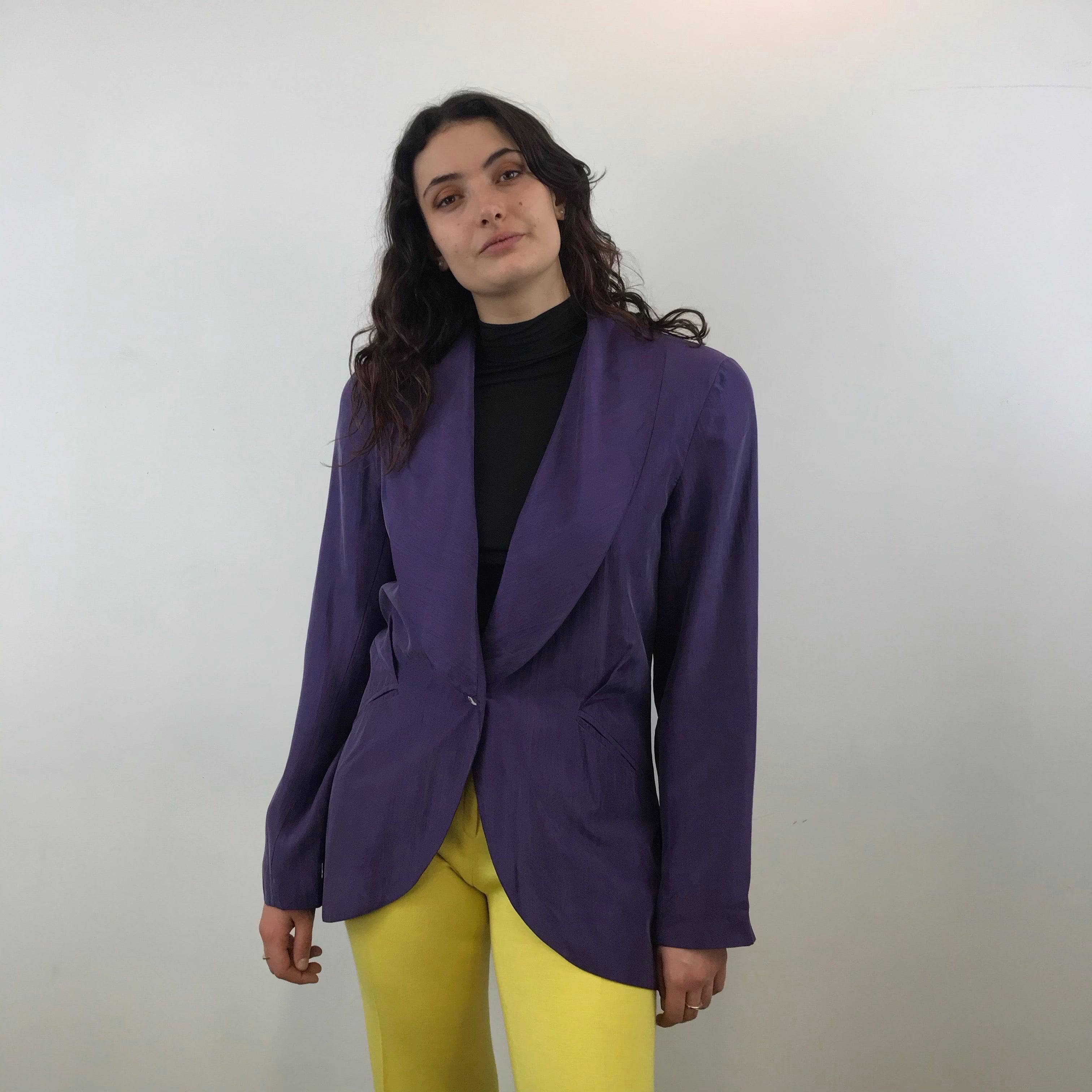 1980s Anne Pinkerton Deep Cut Purple Silk Blazer Medium