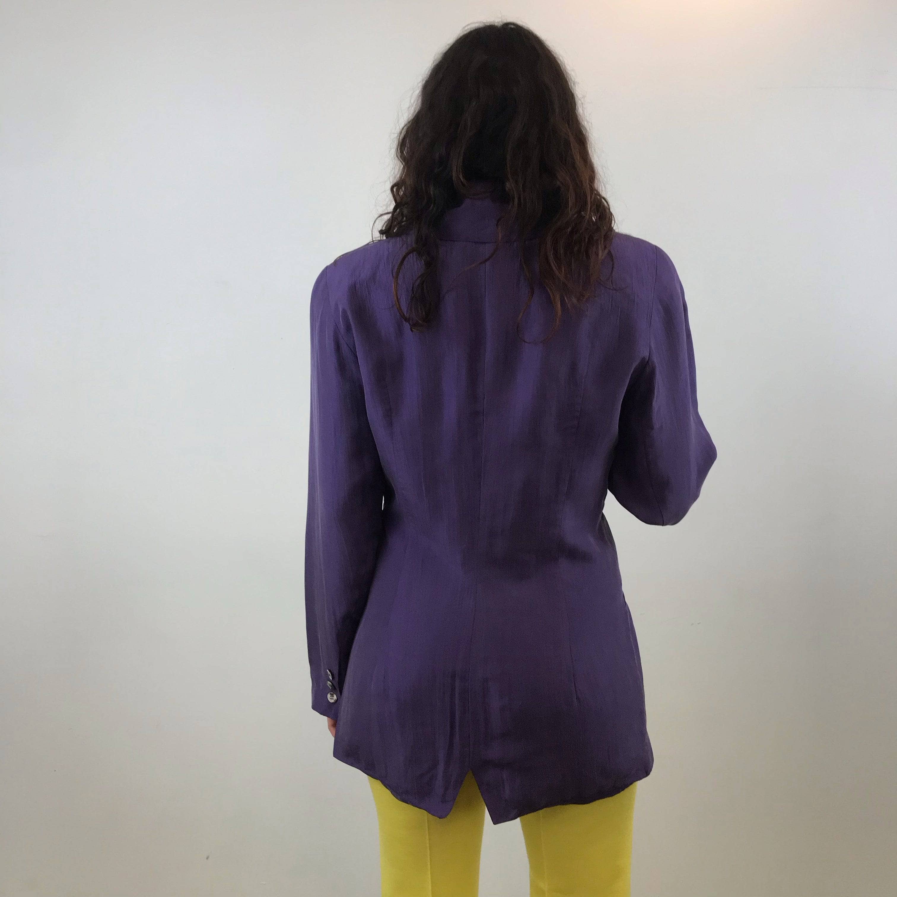 1980s Anne Pinkerton Deep Cut Purple Silk Blazer Medium - Image 2
