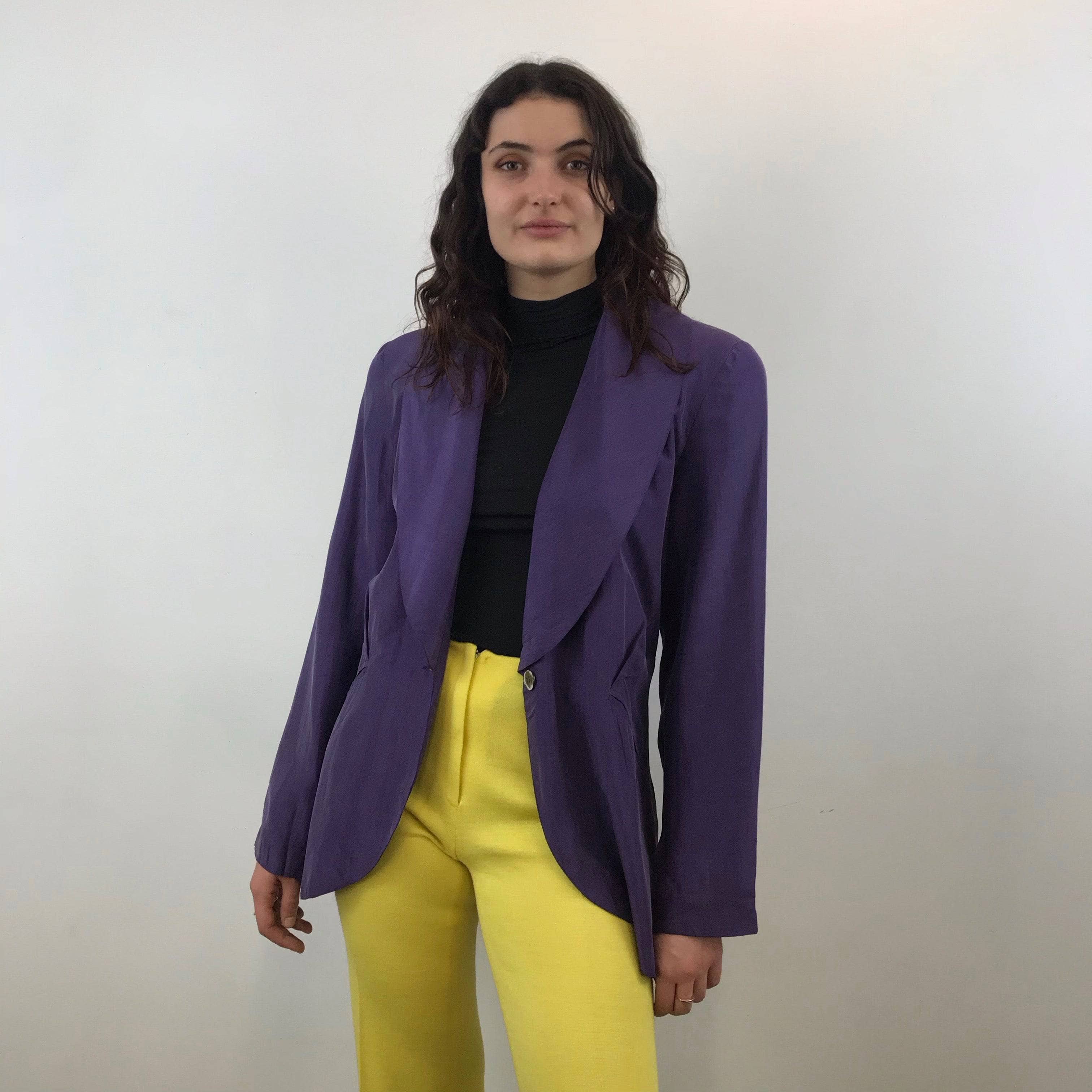 1980s Anne Pinkerton Deep Cut Purple Silk Blazer Medium - Image 3
